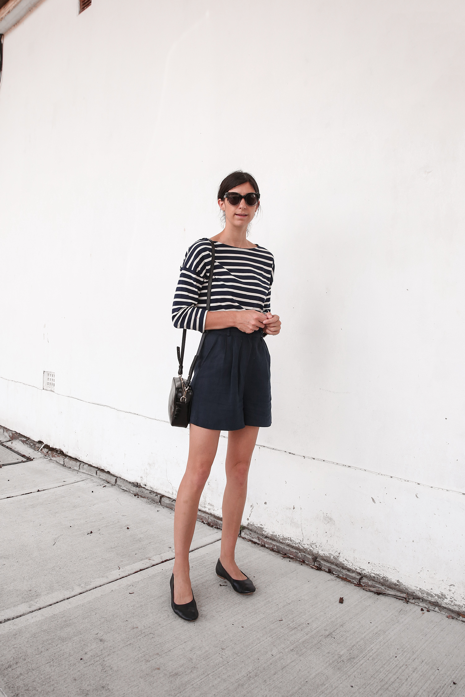 Boden navy white striped top with Among navy herringbone shorts