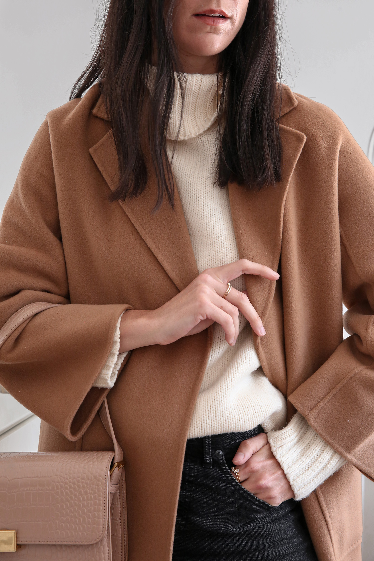 Joseph turtleneck sweater with The Curated Classic Coat and Shoulder Bag