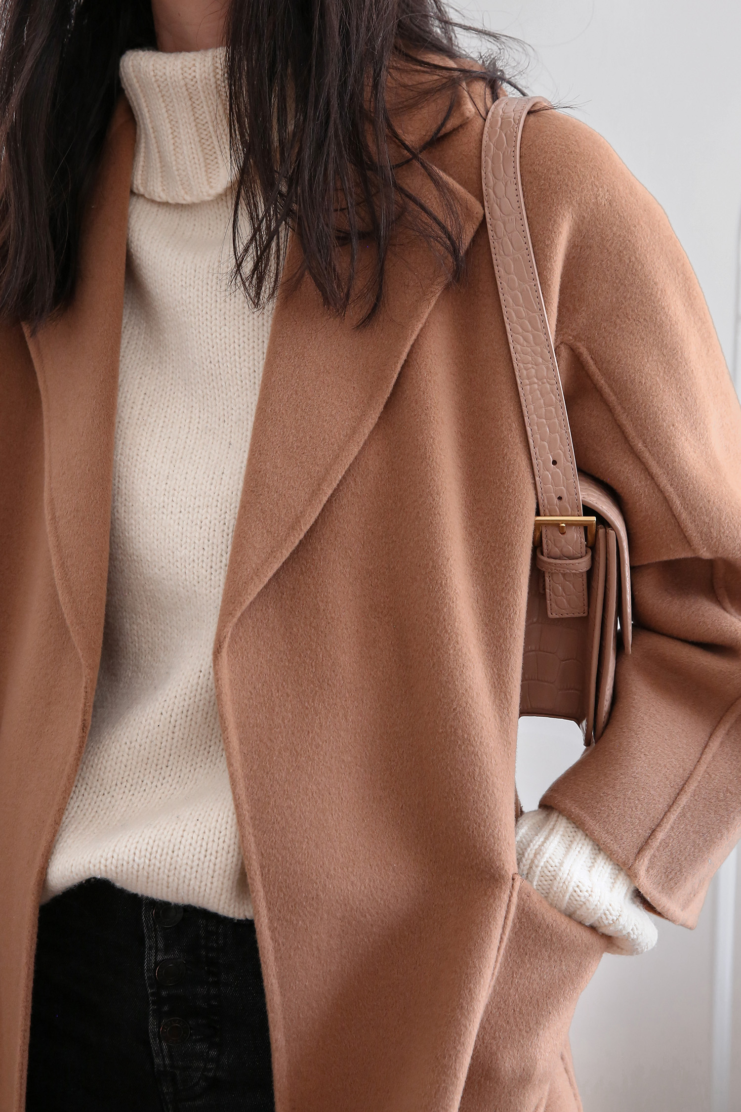 Joseph turtleneck sweater with The Curated Classic Coat and Shoulder Bag