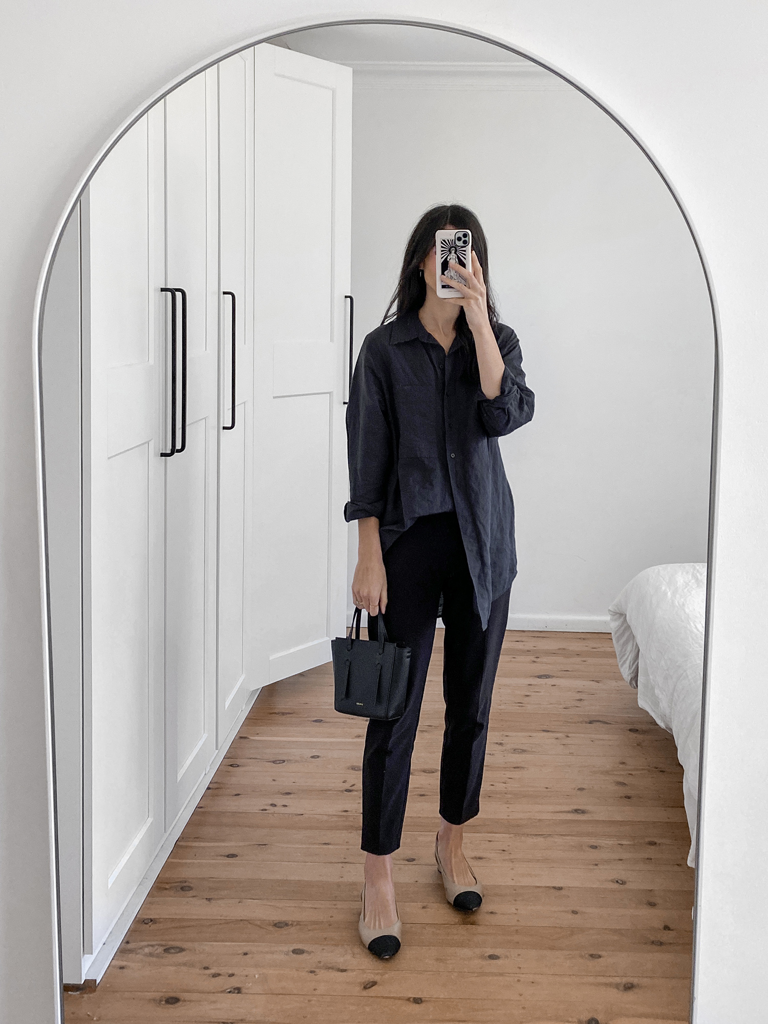 COS black linen shirt with black Forcast trousers and Chanel two tone pump dupes
