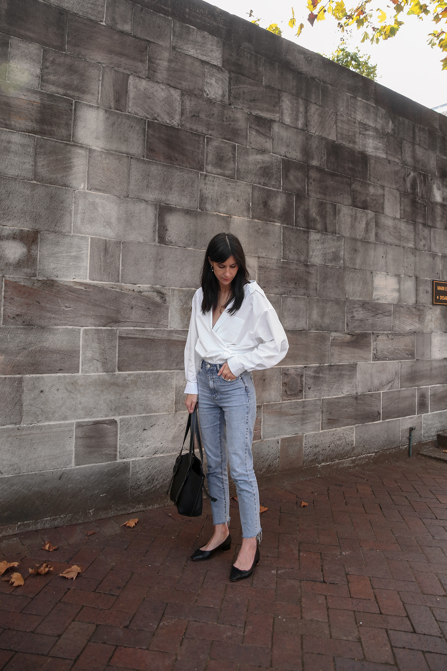 moia white box shirt worn with witchery jeans