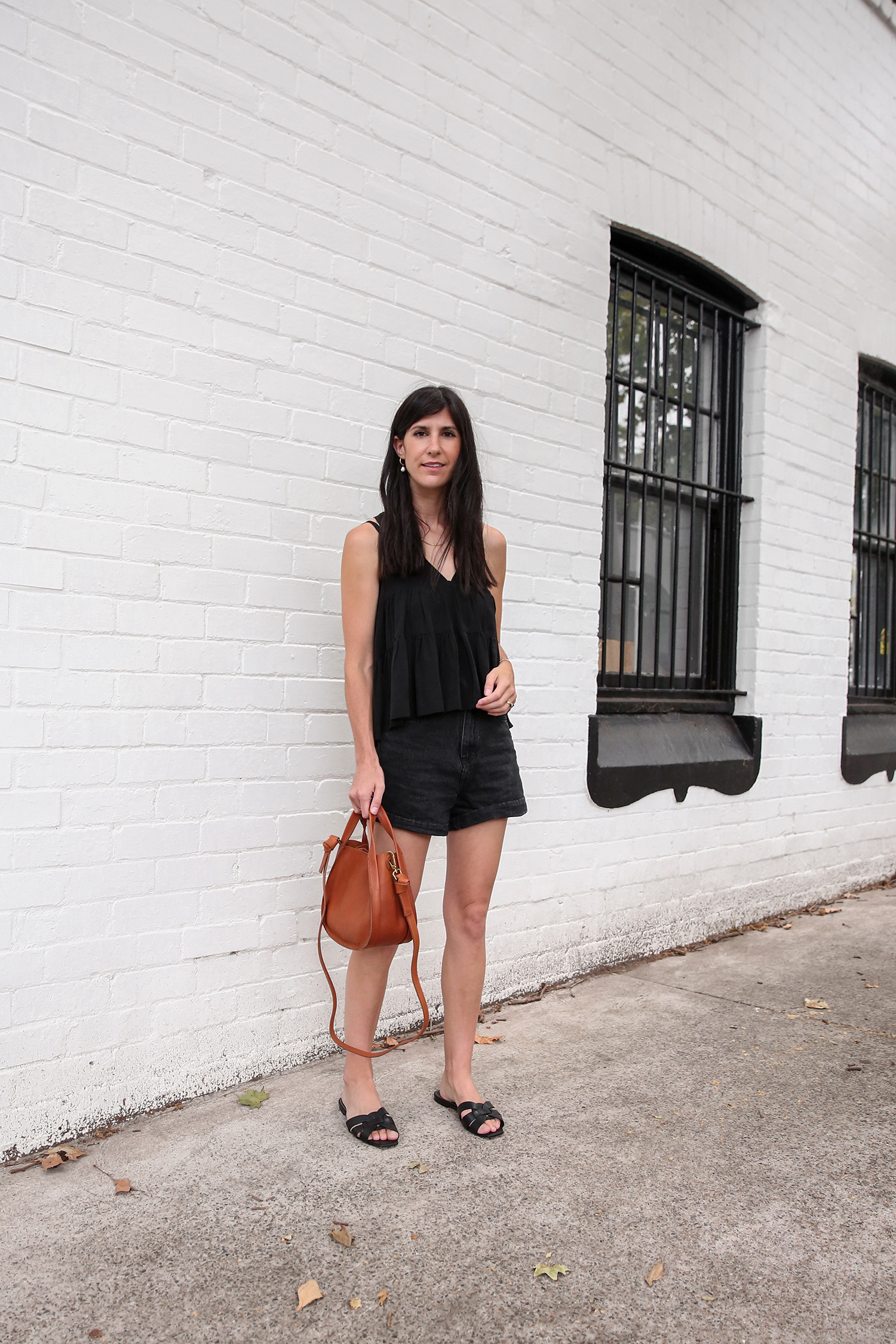 Lois Hazel silk tiered top with Assembly Label denim shorts and YSL tribute slides