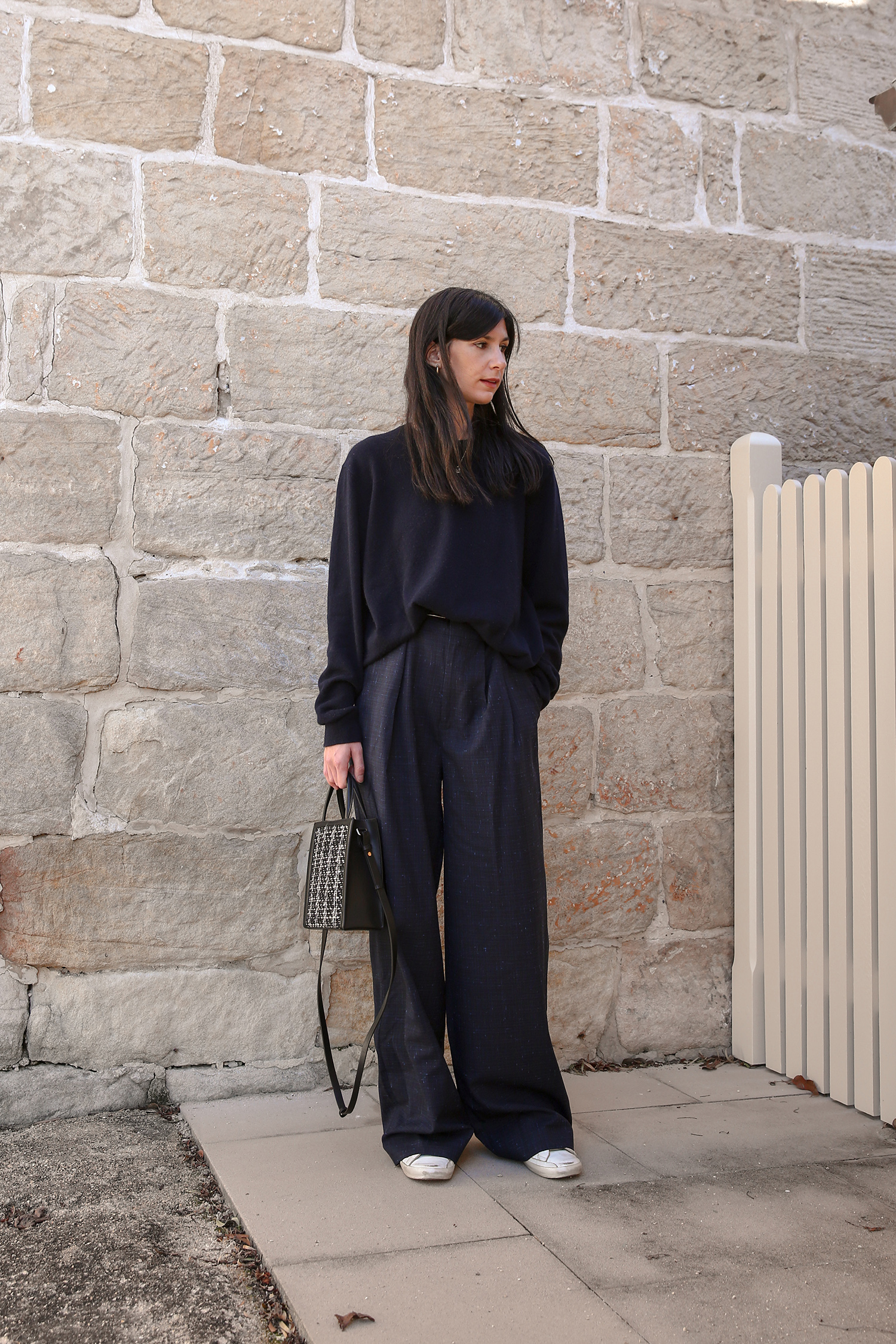 A simple winter outfit wearing wide leg trousers
