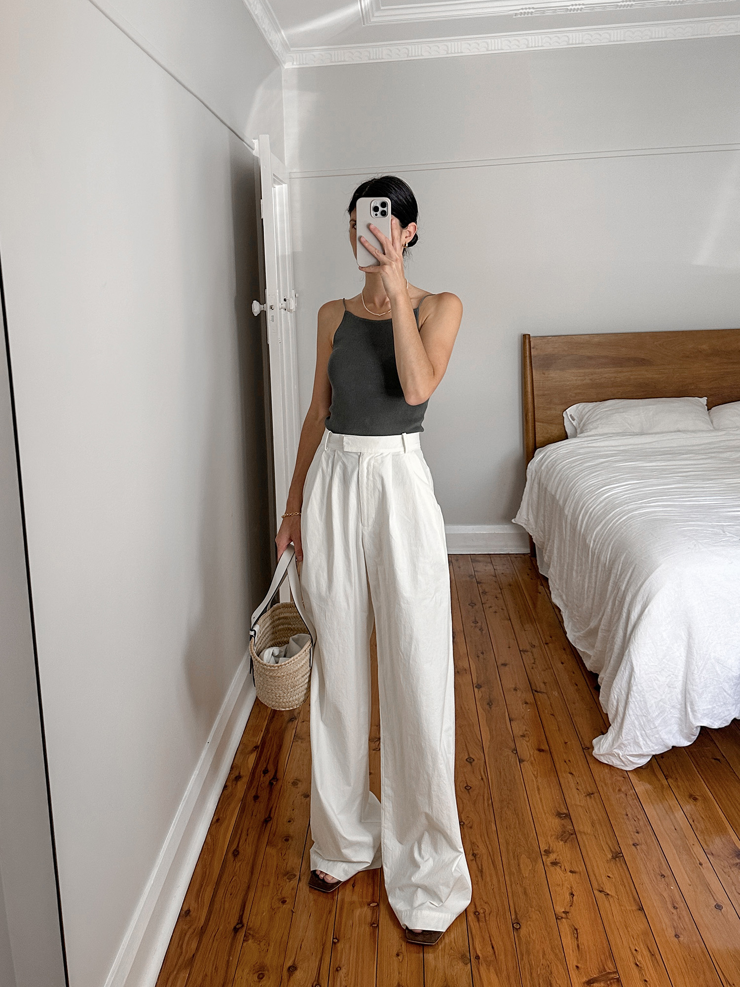 Wearing St Agni camisole and Bondi Born trousers in pearl