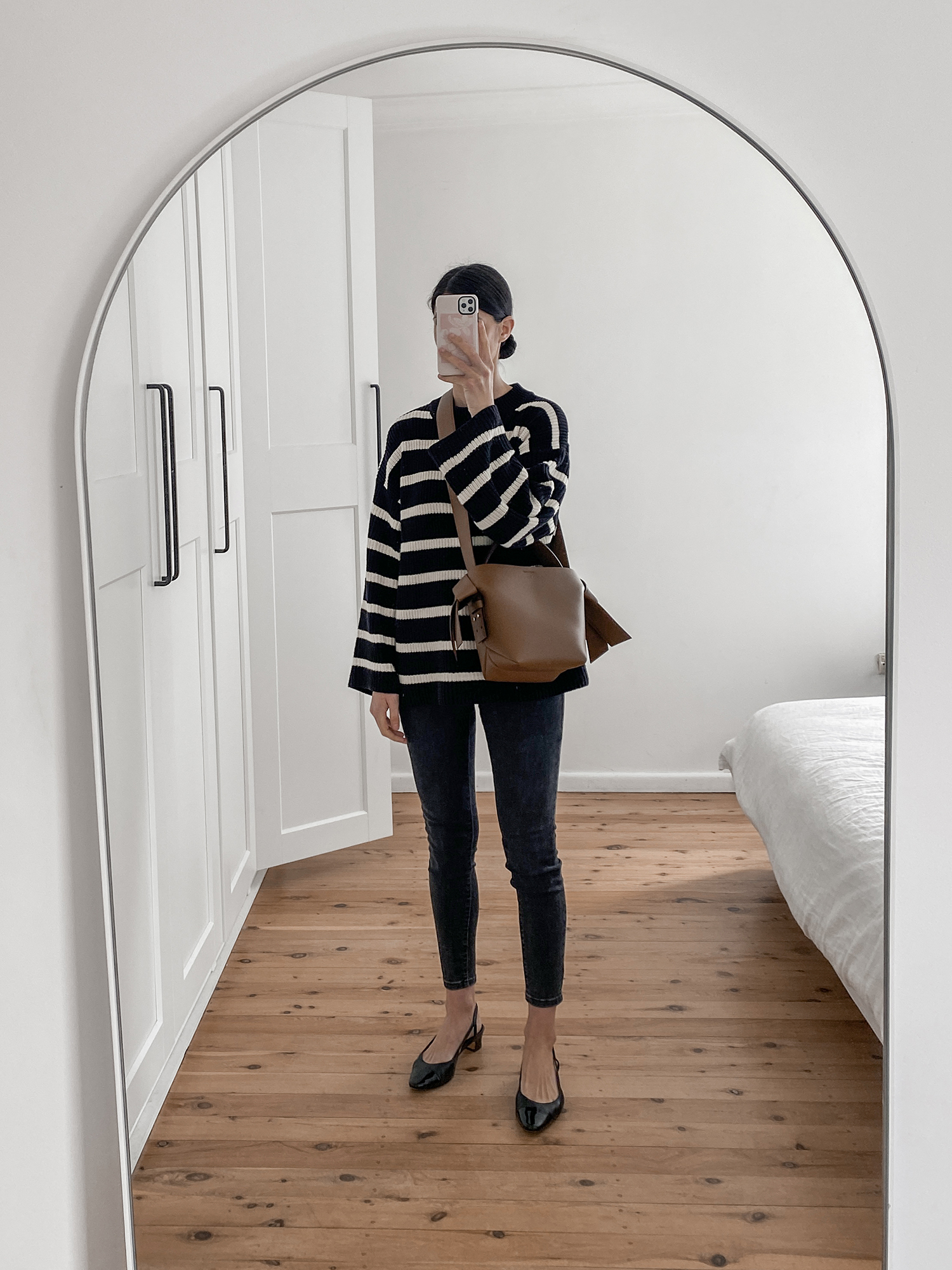 H&M striped knit sweater with Everlane skinny jeans