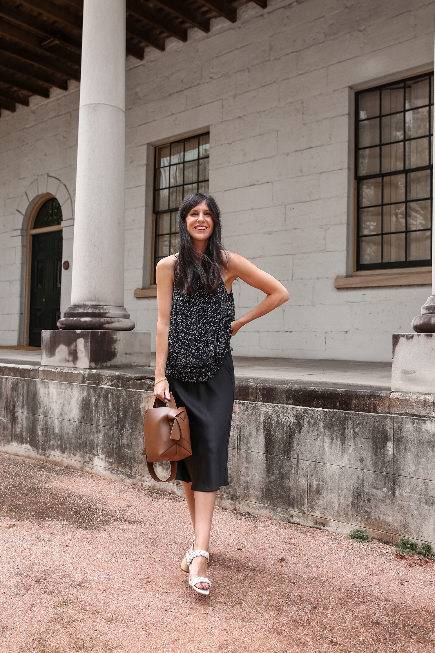 Sussan spot top with Bared sandals and black slip skirt