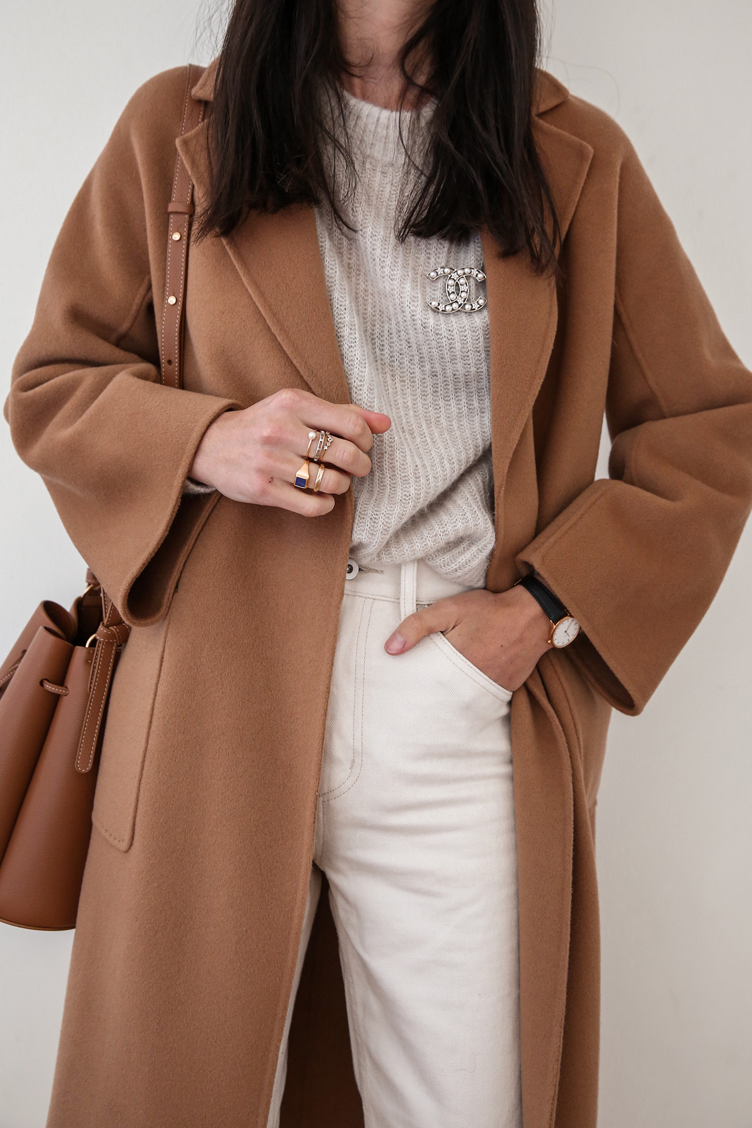 The Curated Classic coat in camel with Polene numero huit bag