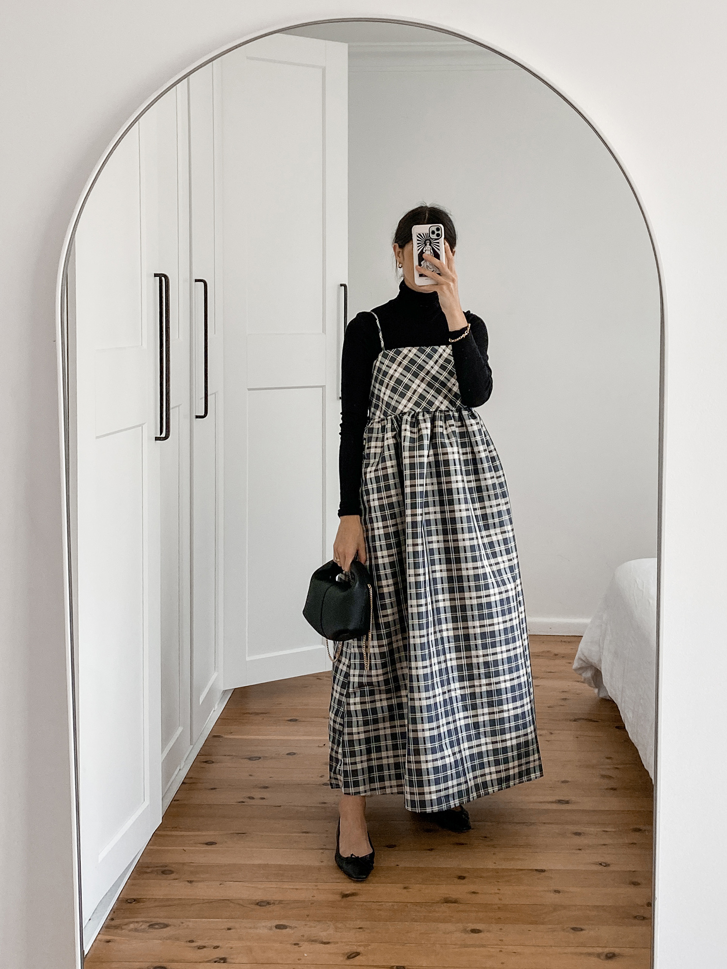 Festive holiday outfit wearing Arket merino top and Sister Jane checked dress Cecilie Bahnsen dupe