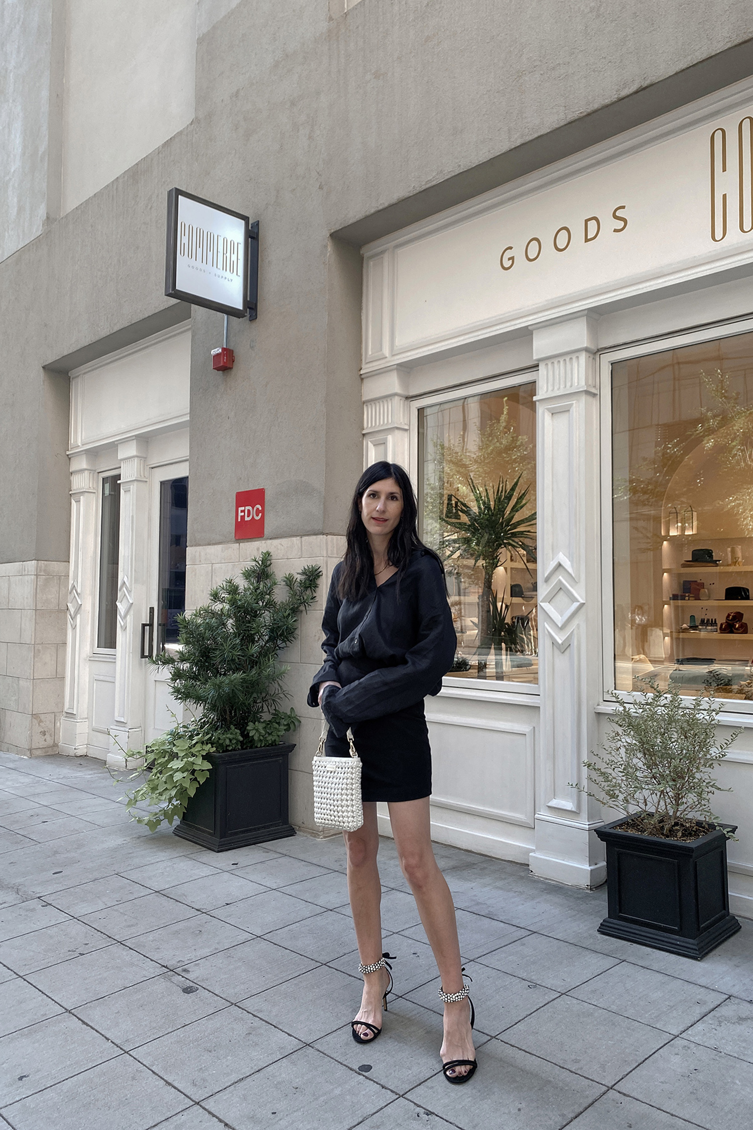 Uniqlo black linen shirt with IRO black skirt and Isabel Marant crystal heels