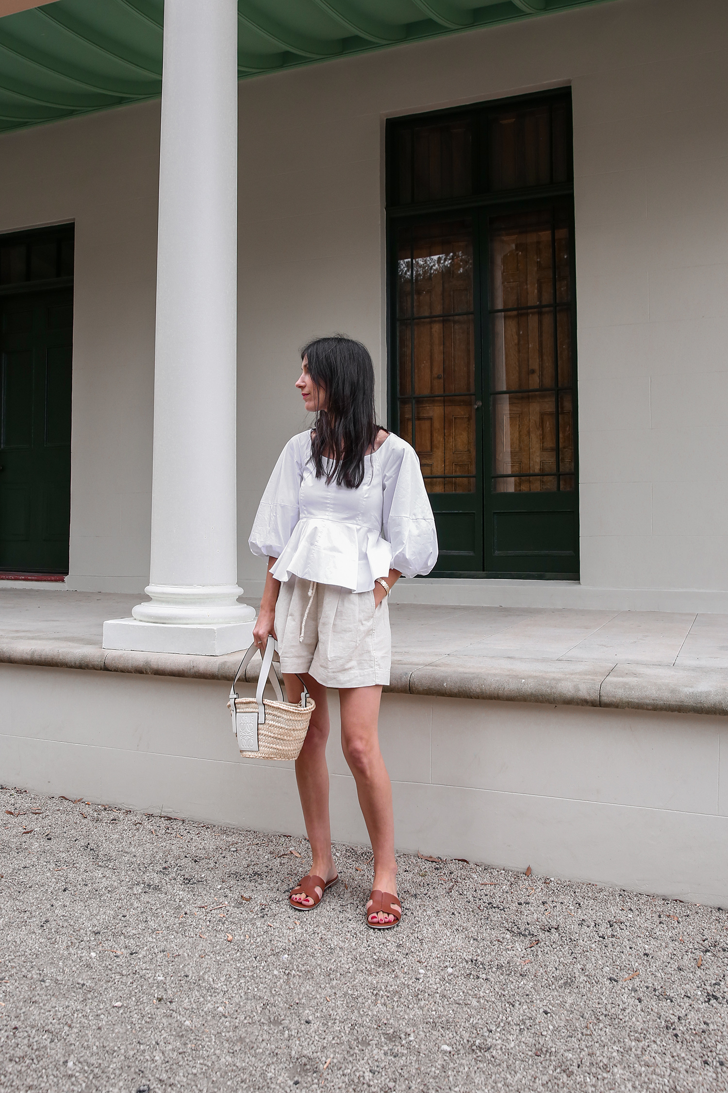 Tibi peplum top Madewell cotton linen shorts Parisian chic minimal summer style outfit