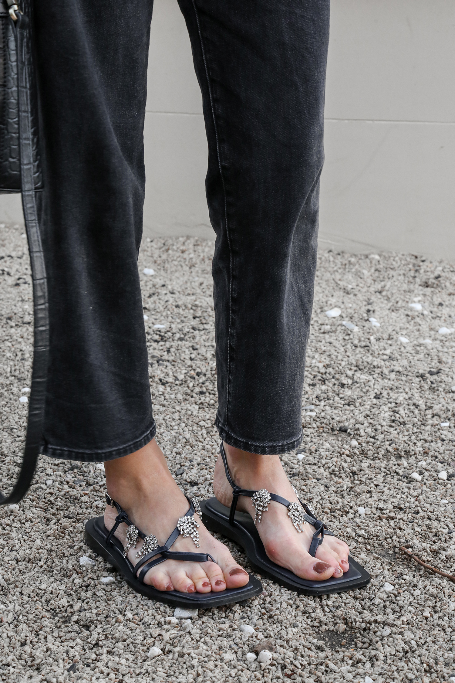 Tibi Julius Sandals in navy leather with crystal embellishment