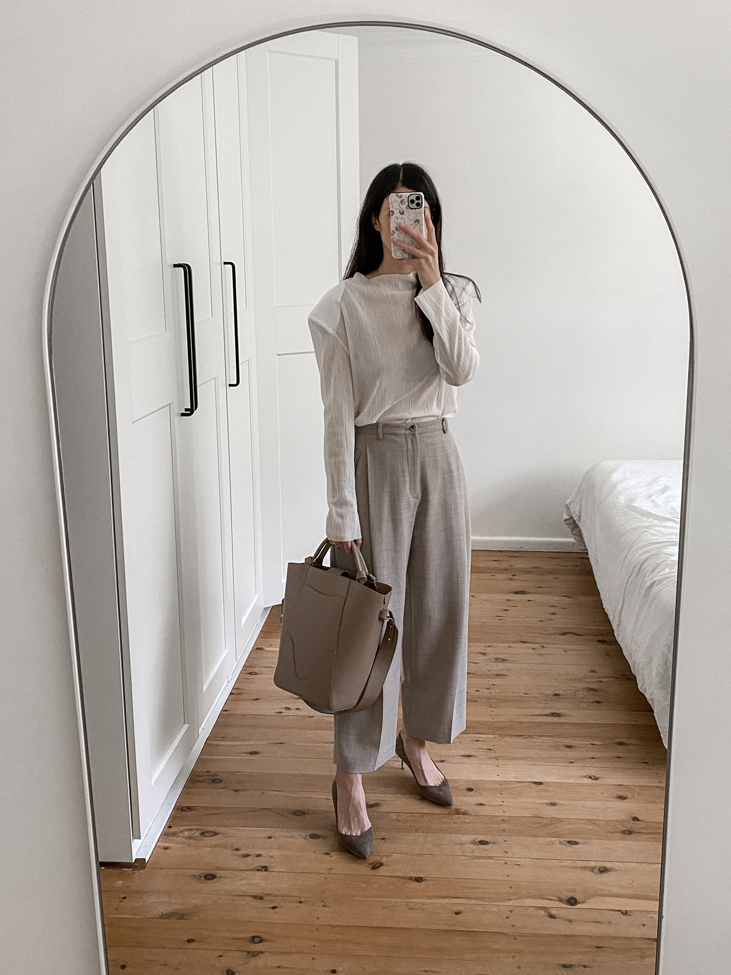 Workwear outfit ideas wearing Tibi top Facade Pattern trousers and Sarah Flint Perfect pumps