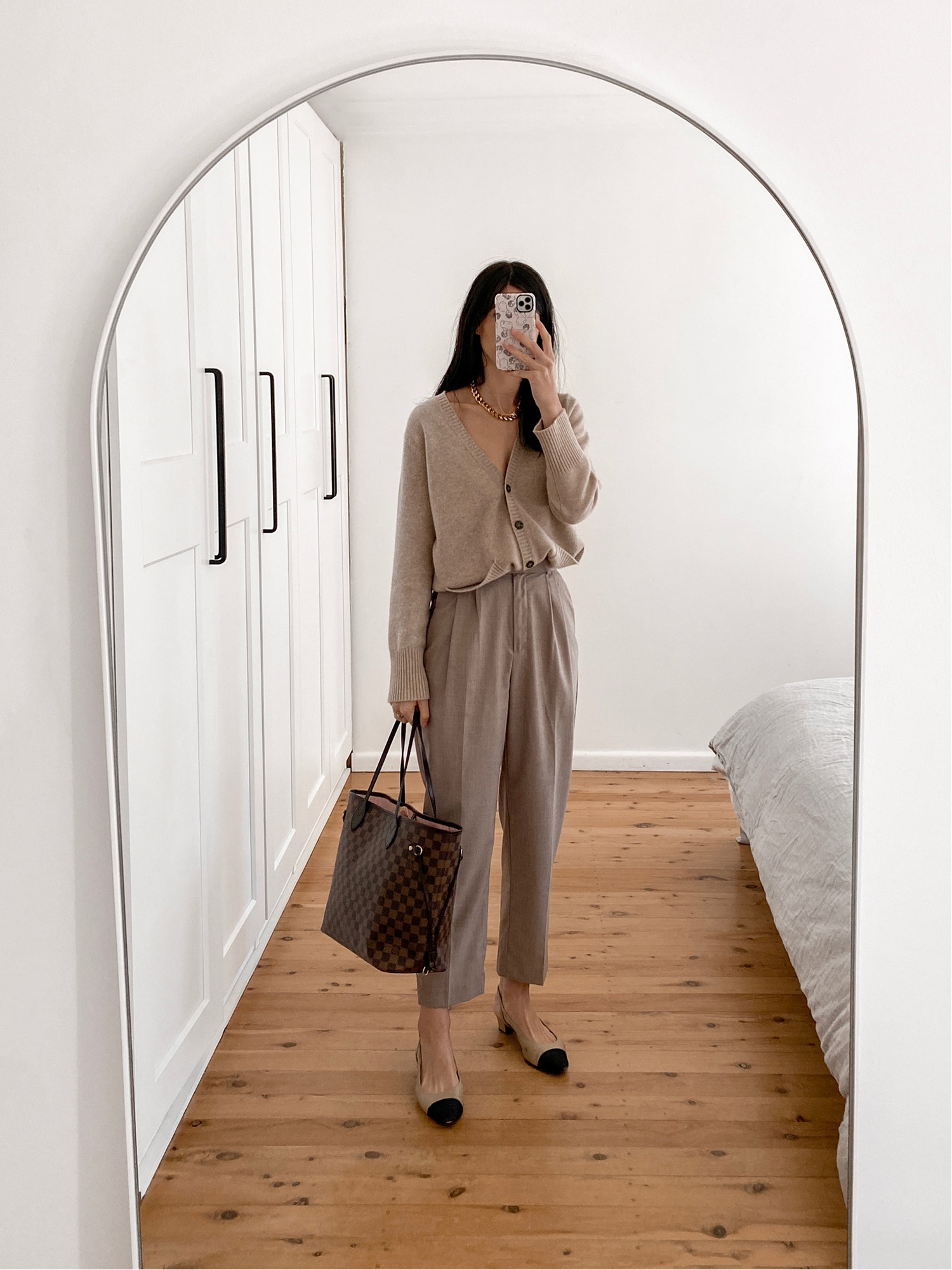 Minimal neutral toned outfit with Boden cashmere cardigan and Chanel look a like shoes