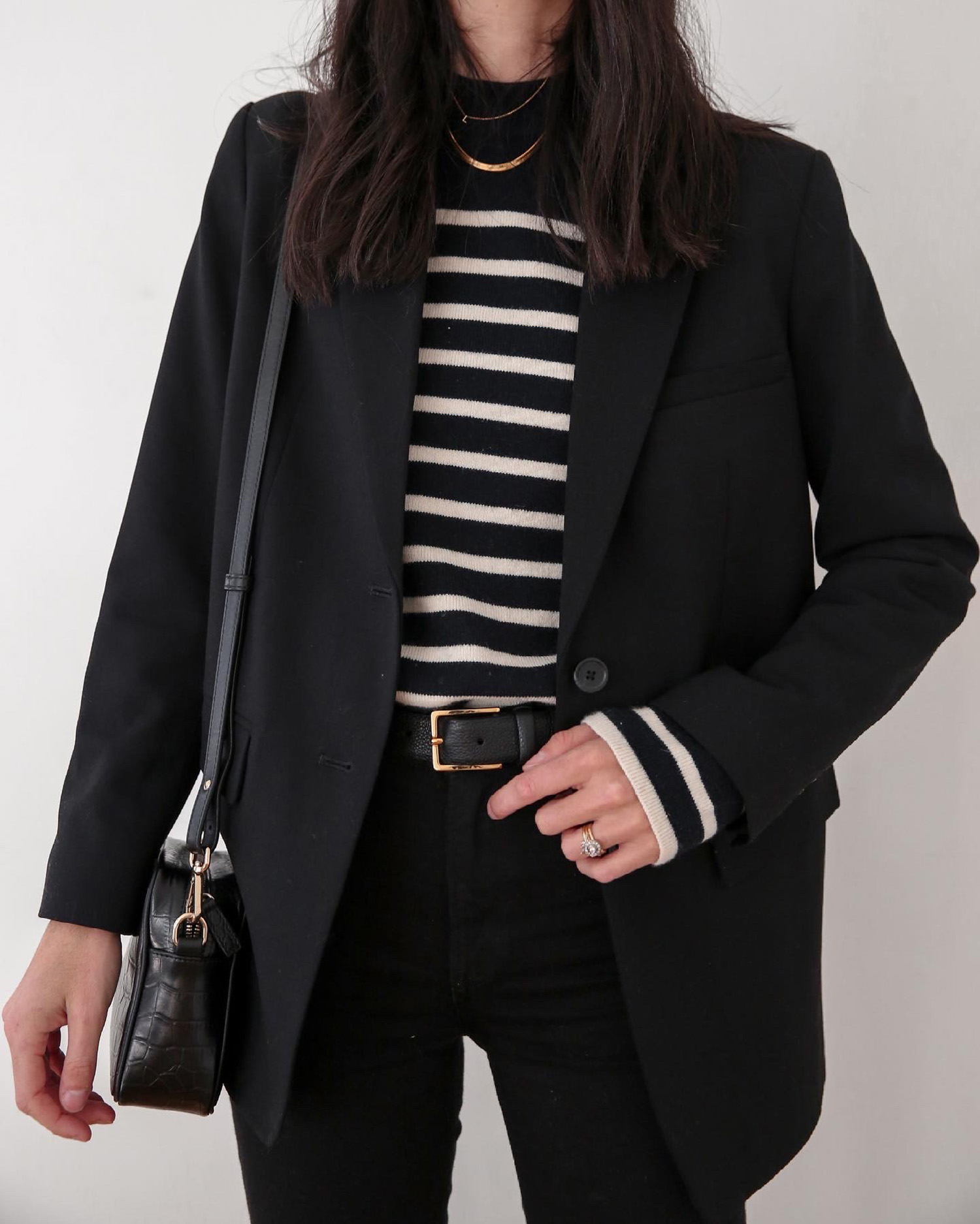 Wearing Celine striped mariniere with Everlane blazer and Reformation jeans