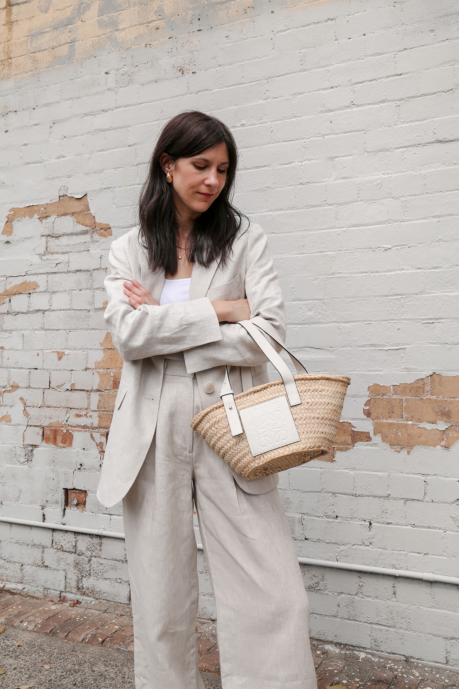 Linen suit with Loewe basket bag minimalist style scandi chic