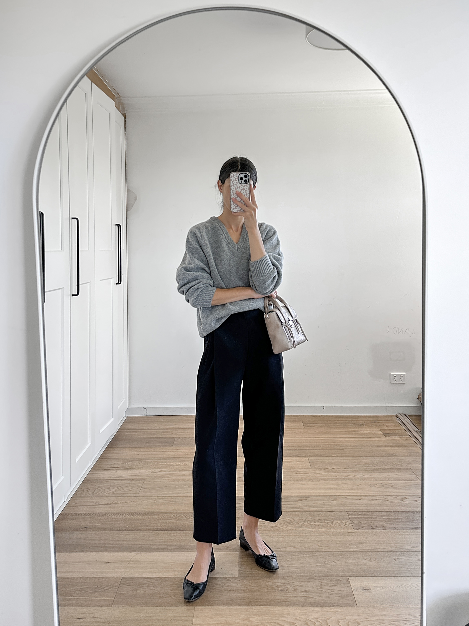 Nothing Written sweater with Facade Pattern Trousers and Phillip Lim Mini Pashli bag