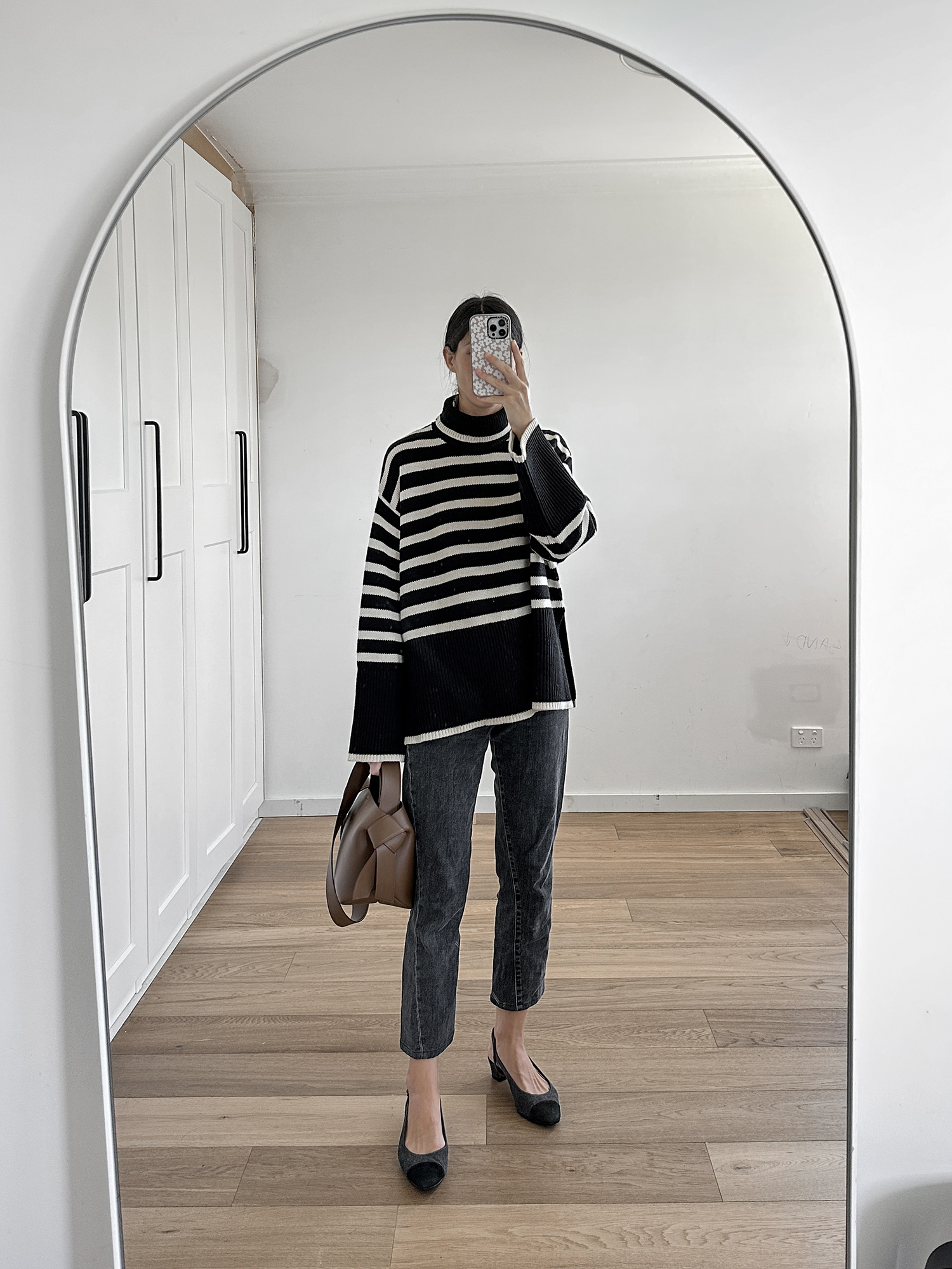 Toteme striped jumper with Toteme jeans and Vaneli aliz pumps