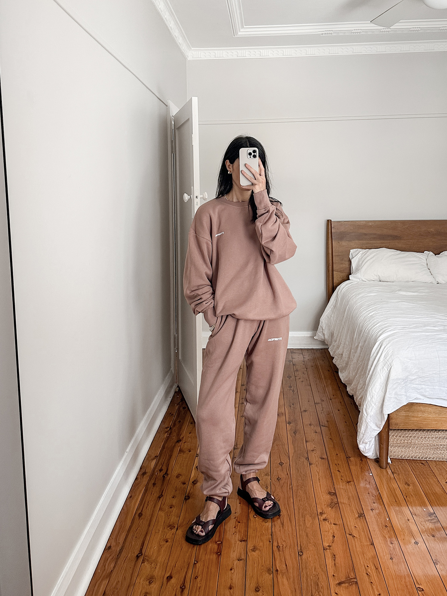 STAX pink oversized sweatshirt and joggers with The Row geri sandals