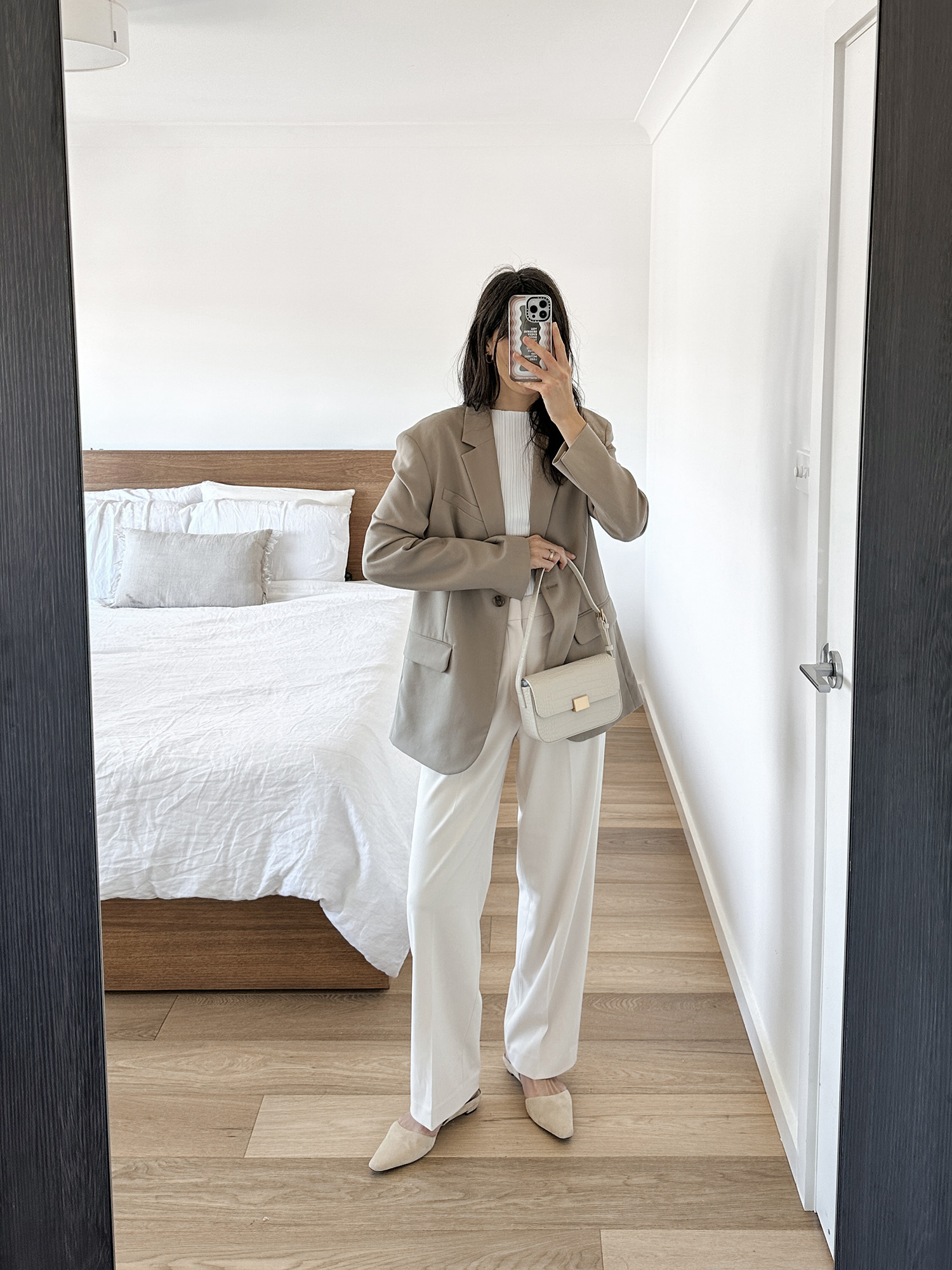 DISSH pleated top with Uniqlo Pleated Wide Pants and Arket Wool Hopsack blazer