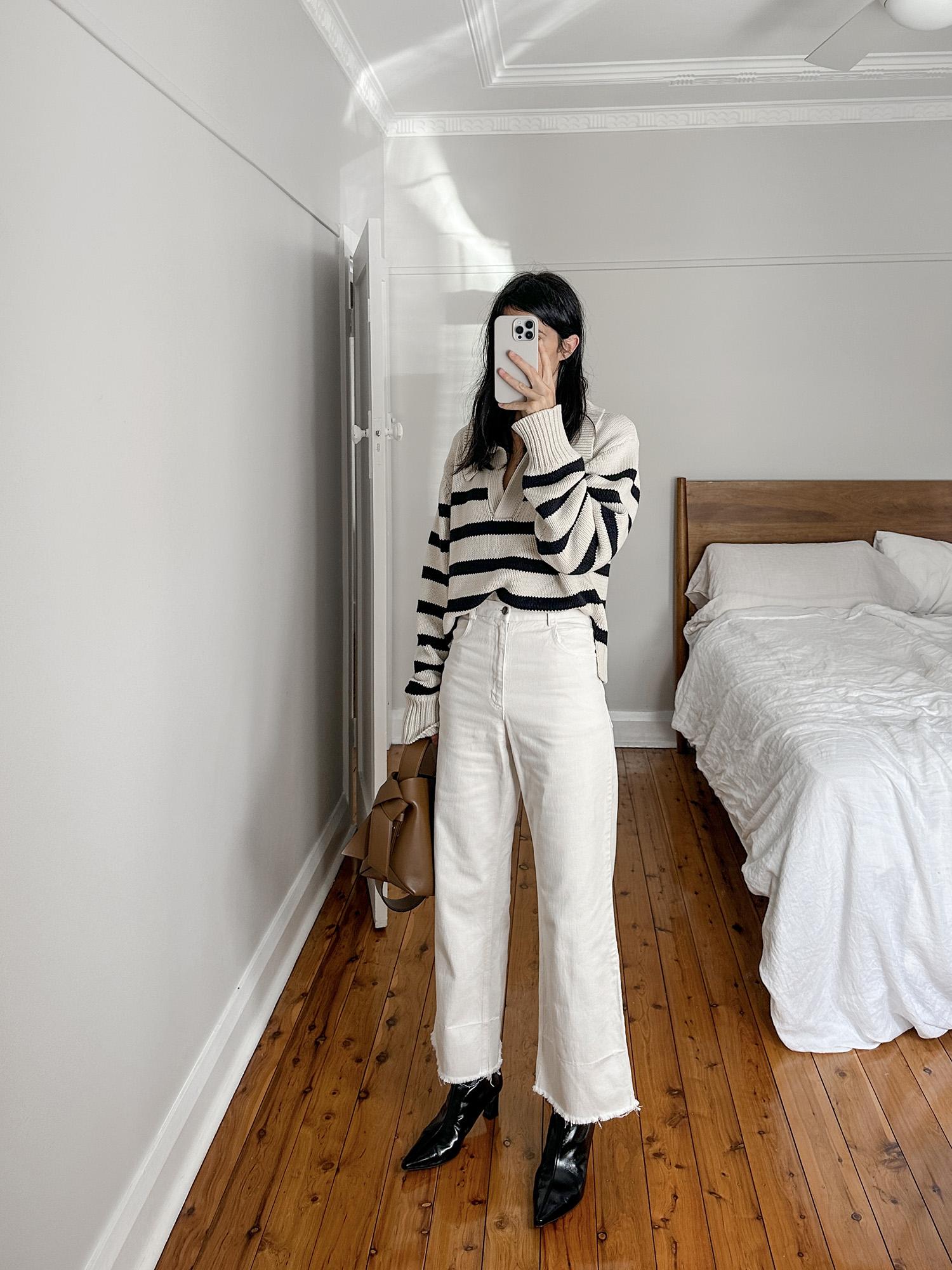 DISSH striped v neck knit with Rachel Comey jeans and Reike Nen boots