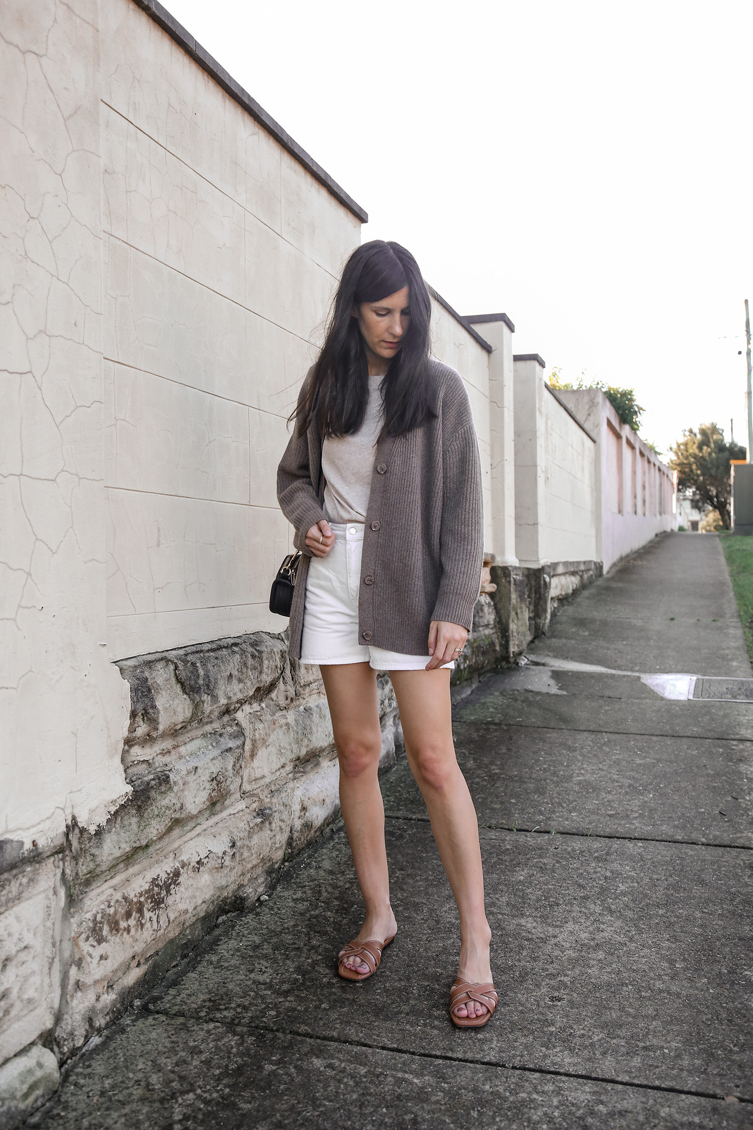 Minimalist style monochromatic neutral outfit