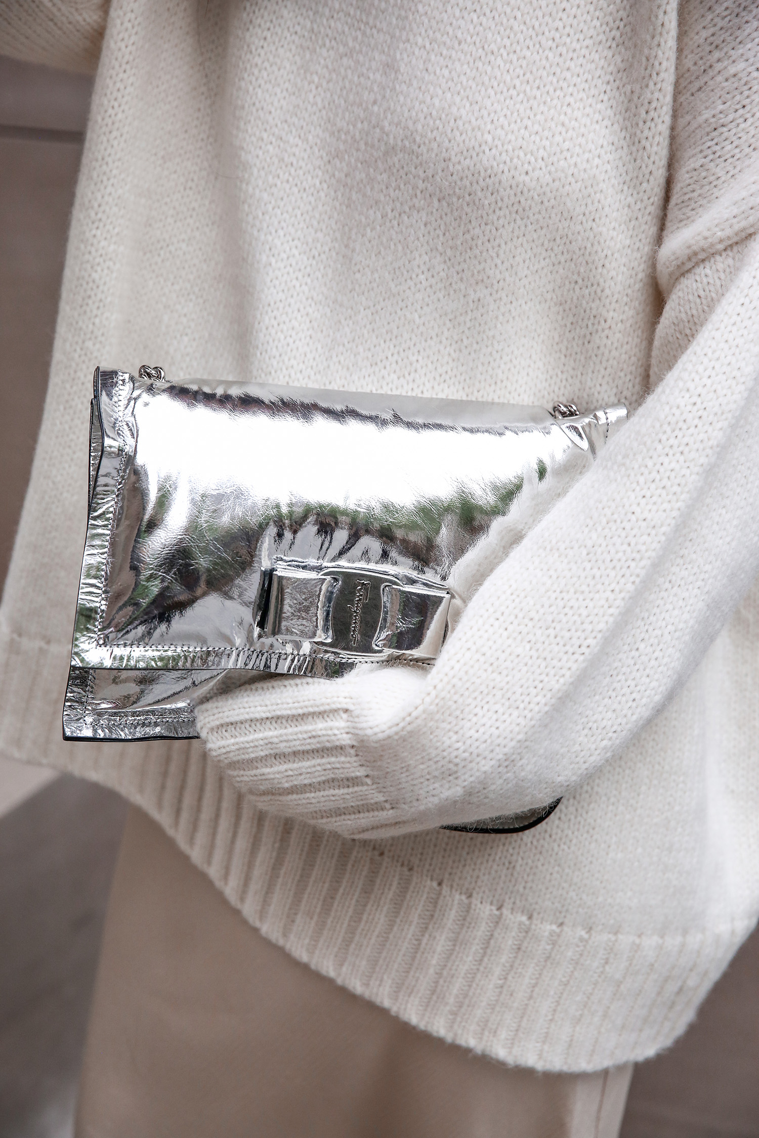 Ferragamo viva bag in silver with Jenni Kayne alpaca knit
