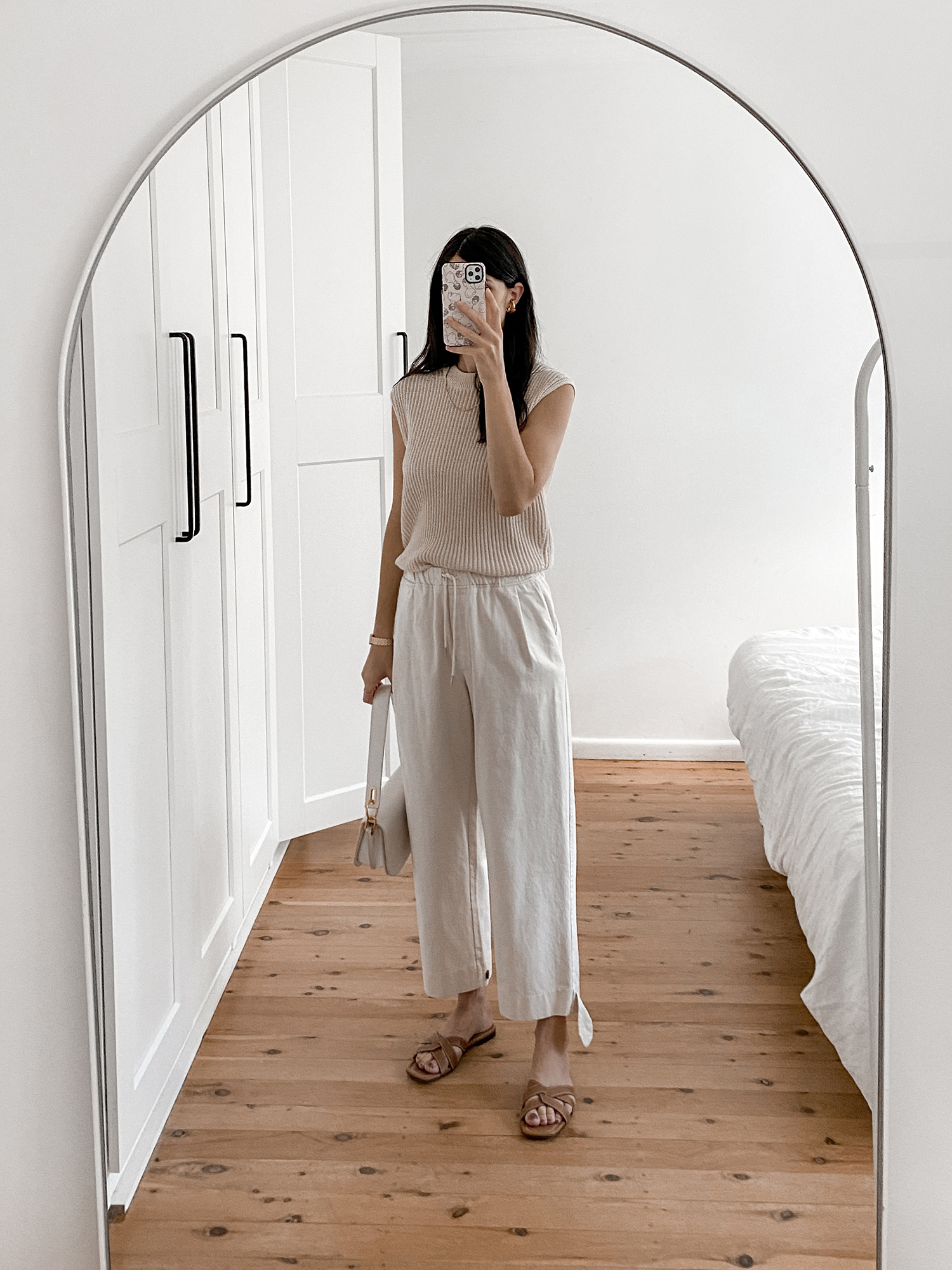 URAGO pants and Uniqlo U knitted top monochrome outfit