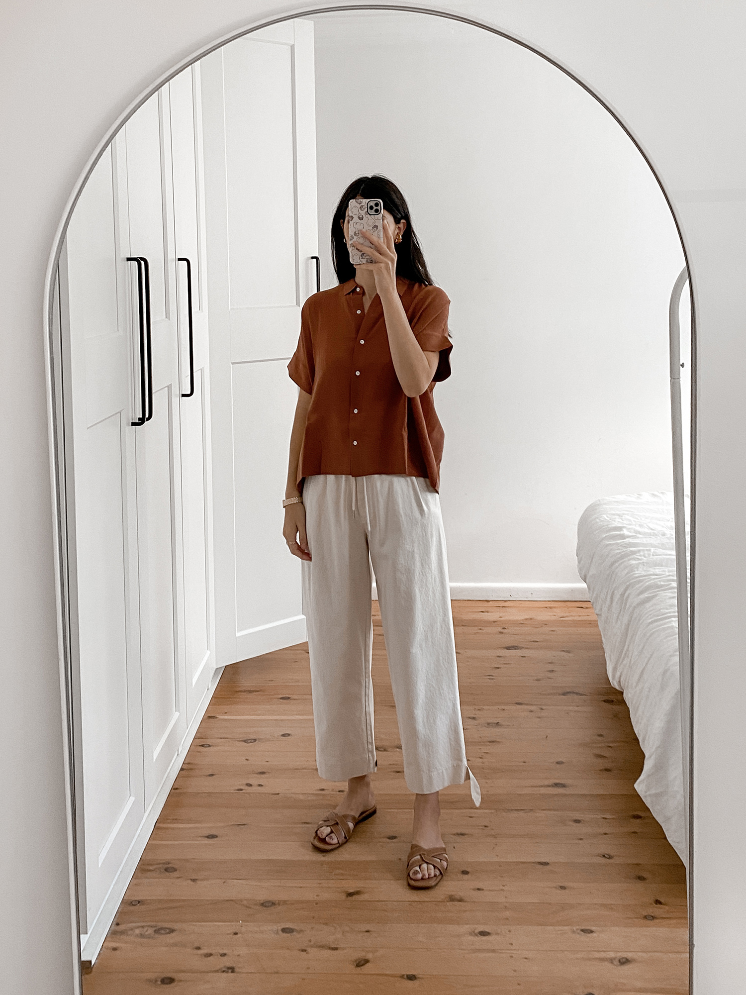 URAGO pants and Everlane silk boxy blouse minimalist style