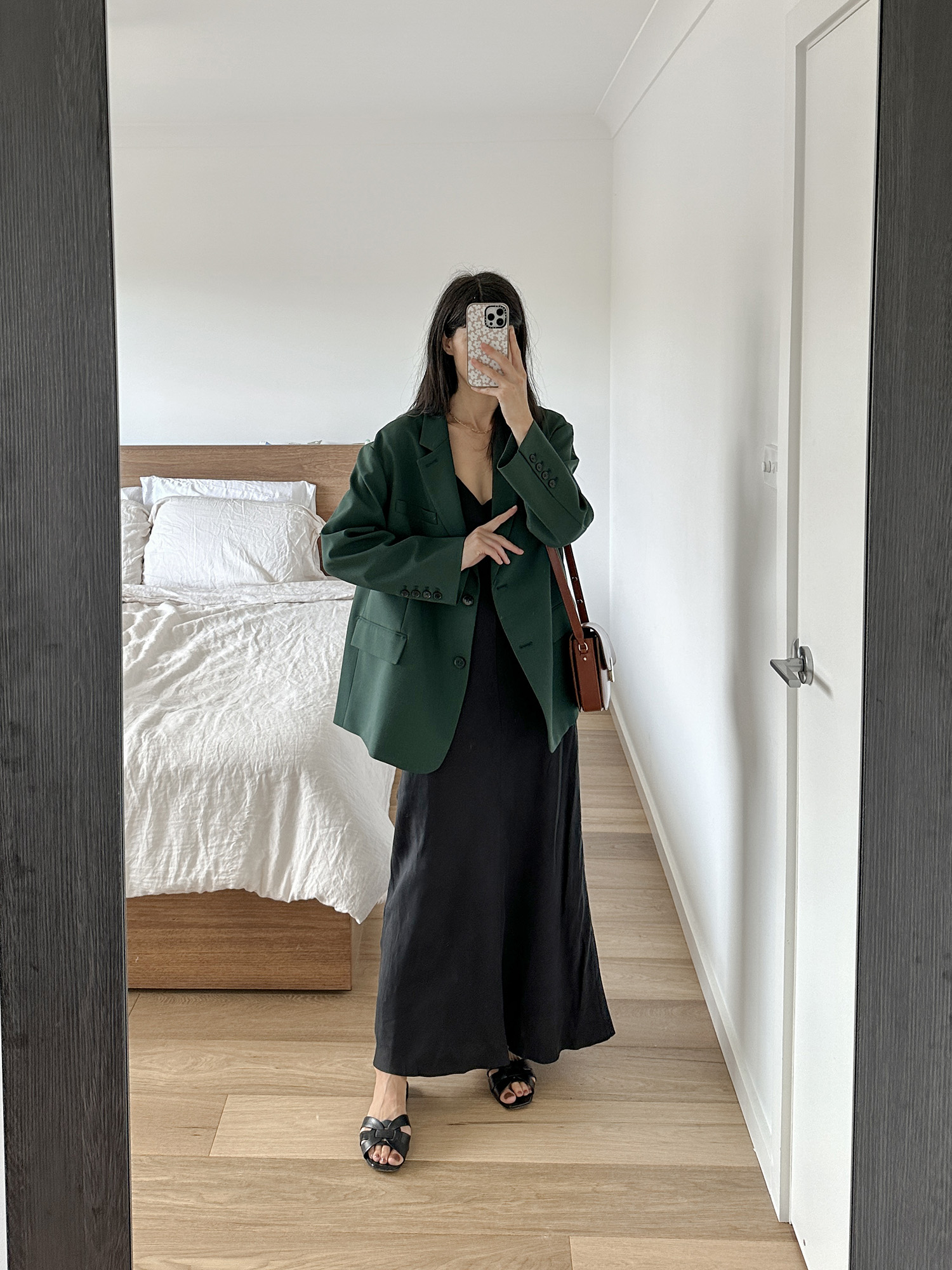 DISSH maxi dress with Frankie Shop green bea blazer and Sezane milo bag