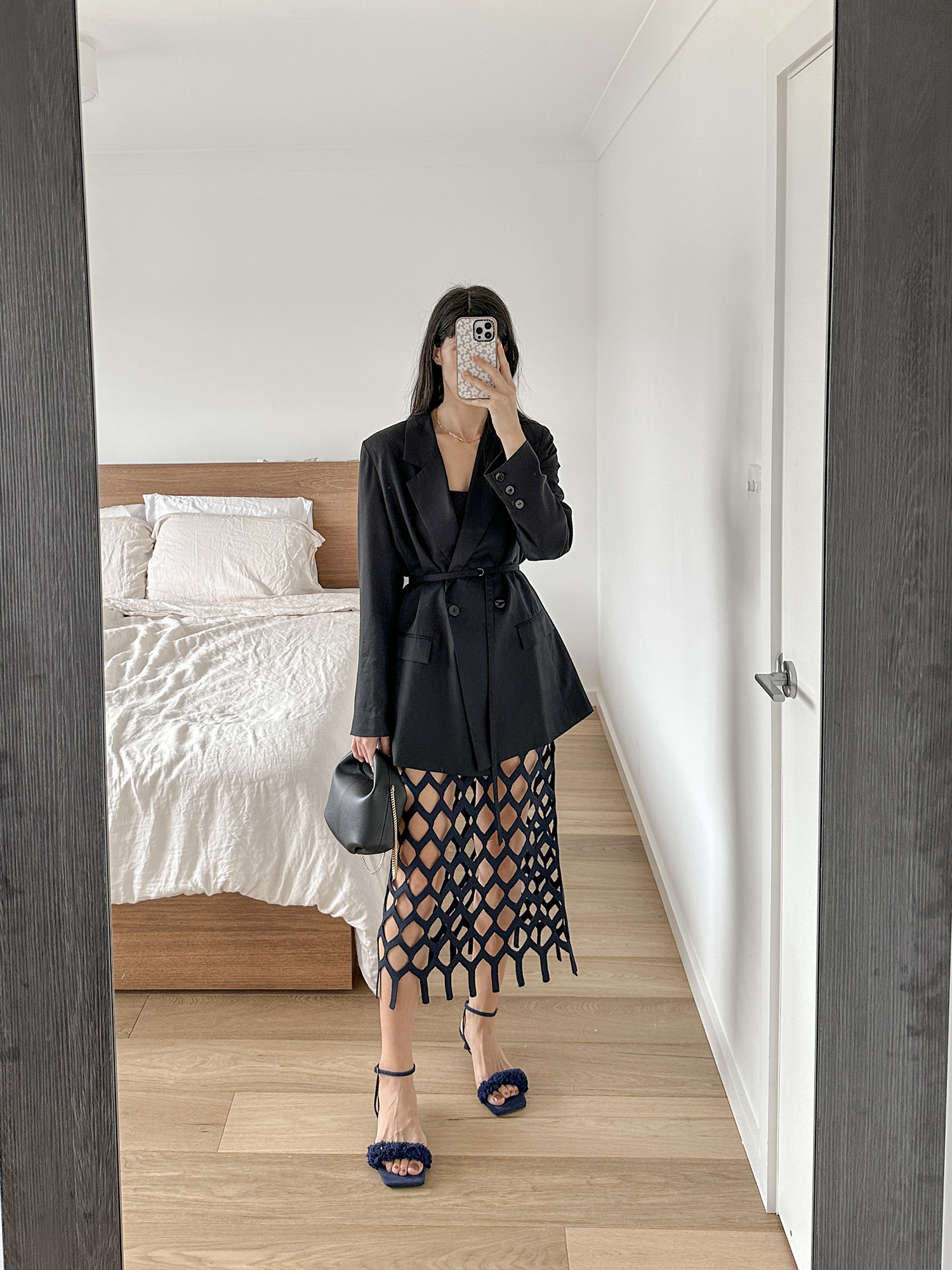 Marle Arlo Jacket with Tibi Macramé skirt and shearling sandals