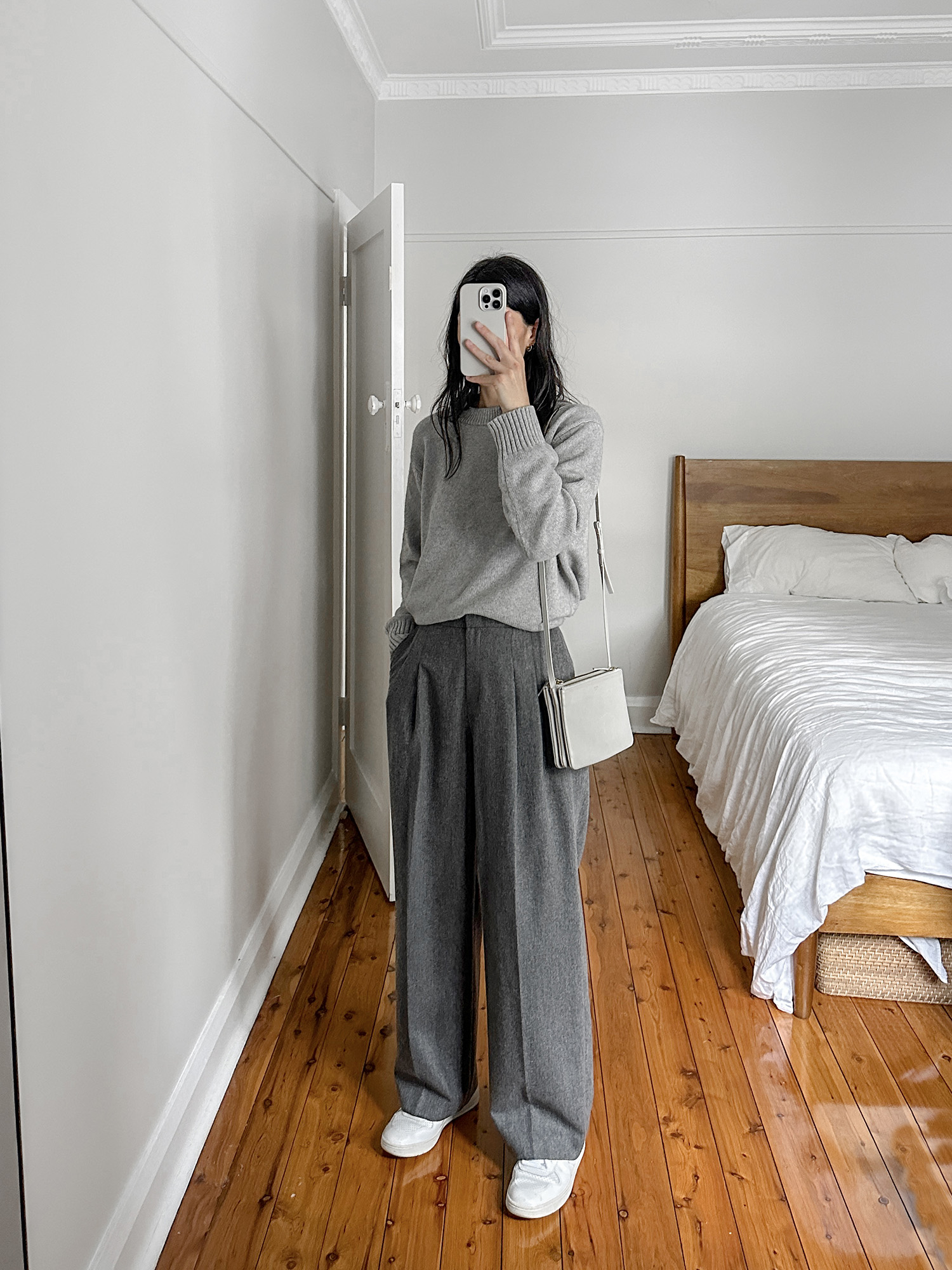 Maxi skirt outfit Grey knit oversized minimalistic fashion White