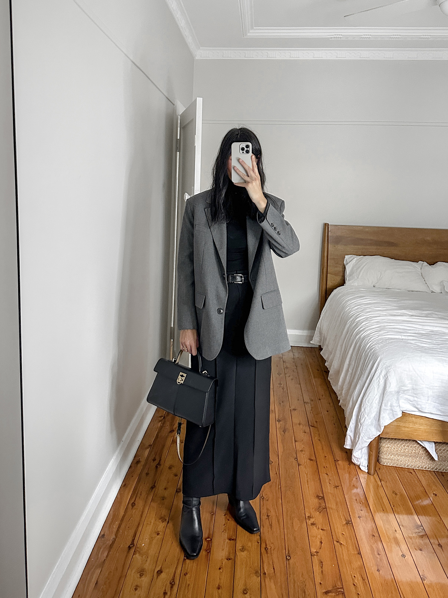 COS merino roll neck with DISSH rowan skirt and Bershka oversized blazer