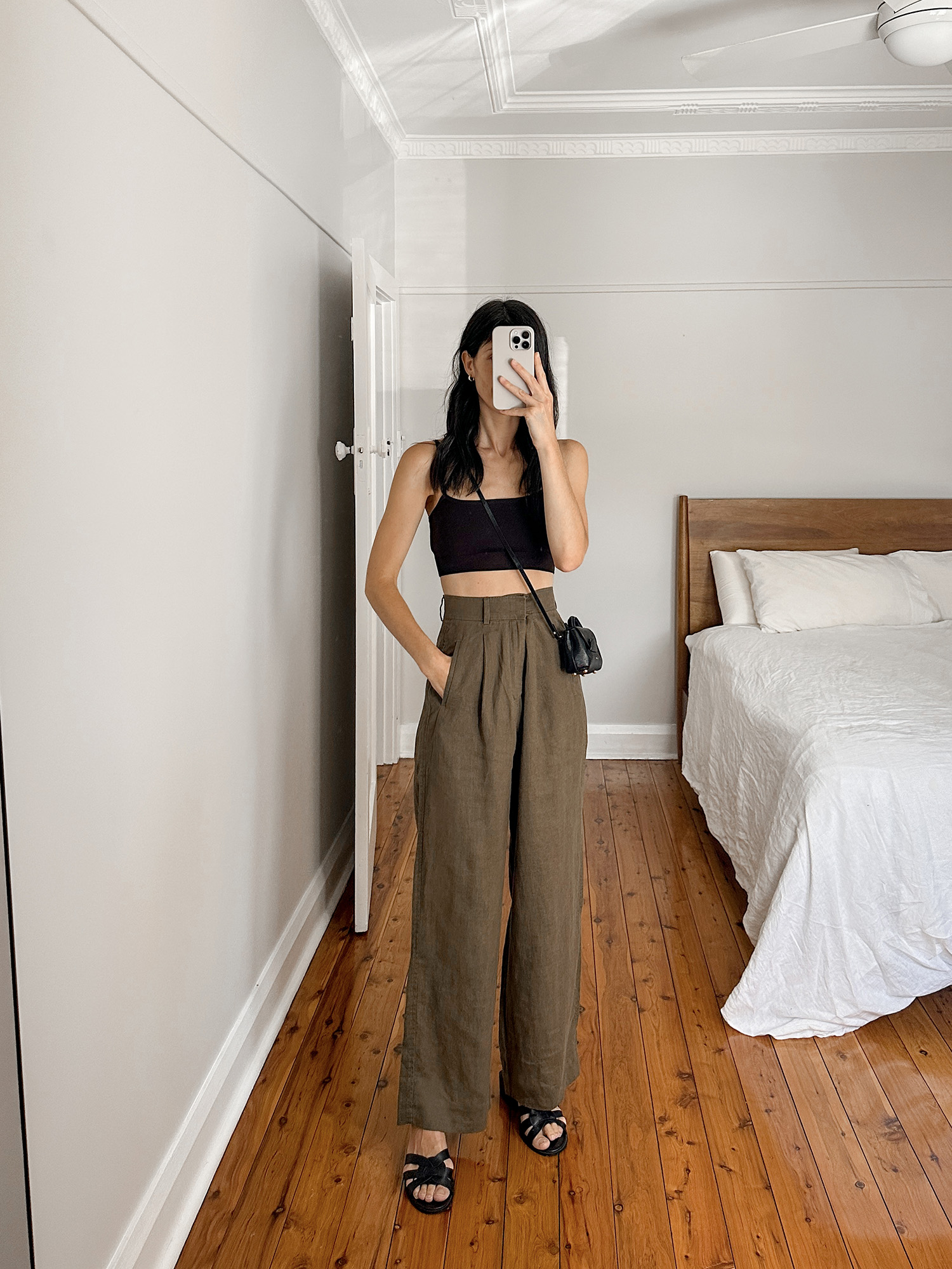 12 Storeez knit bra with Everlane way high linen trousers and Polene numero un micro bag