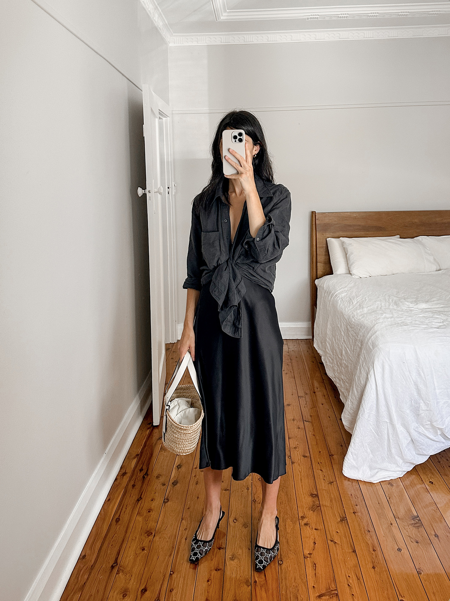 COS Oversized linen shirt with Quince slip skirt and Gucci crystal slingbacks