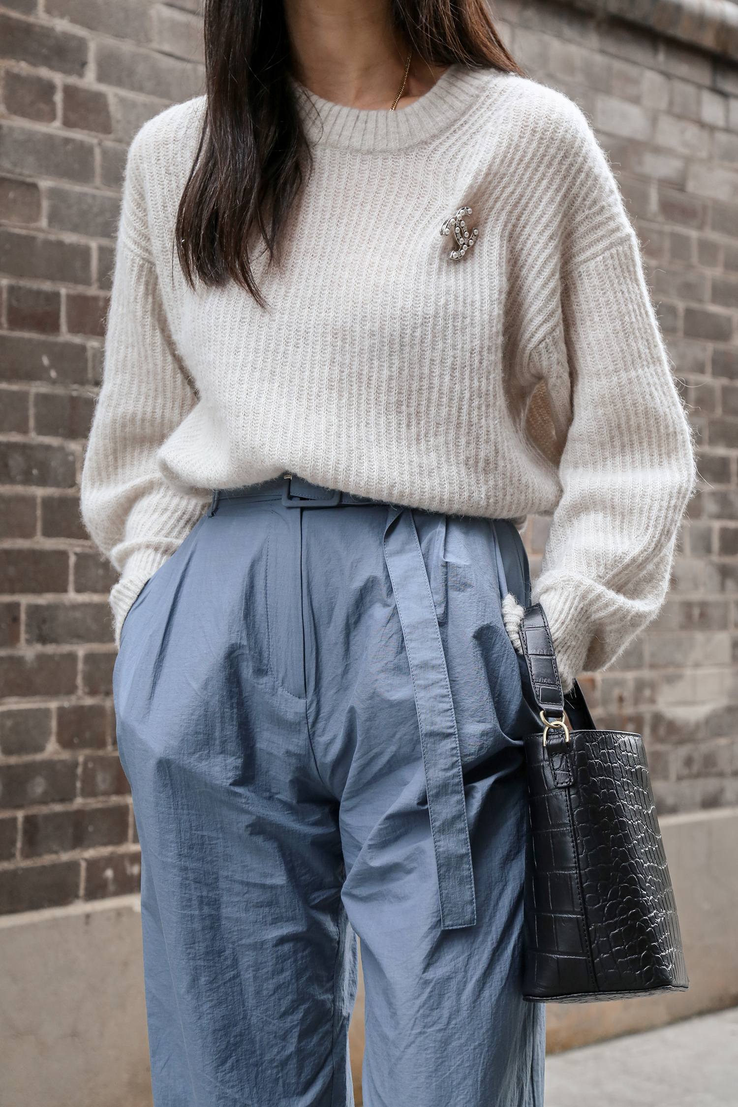 Everlane alpaca knit in almond with Chanel brooch