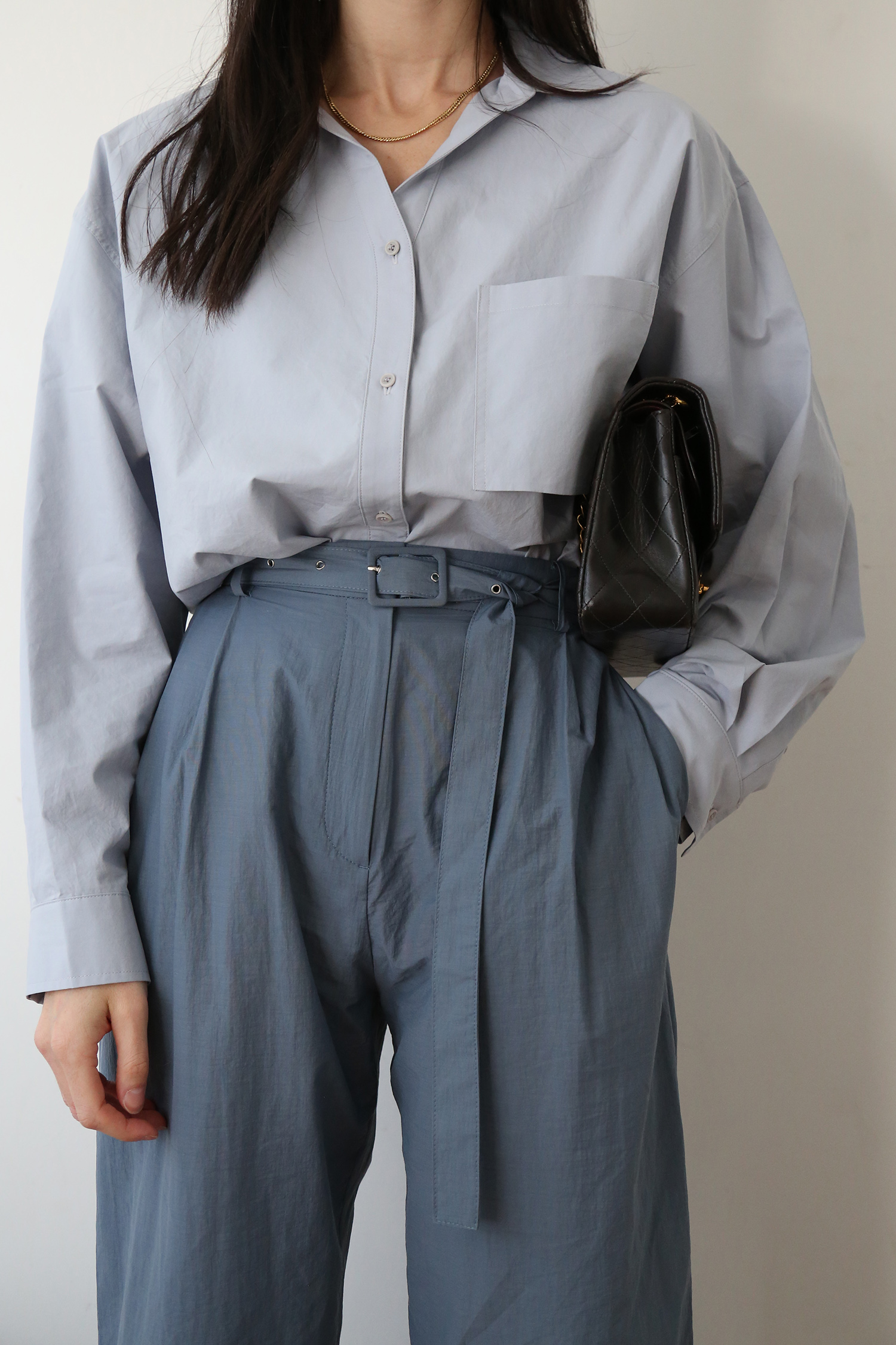 Moia box shirt with FRONTROW nylon pants tonal outfit