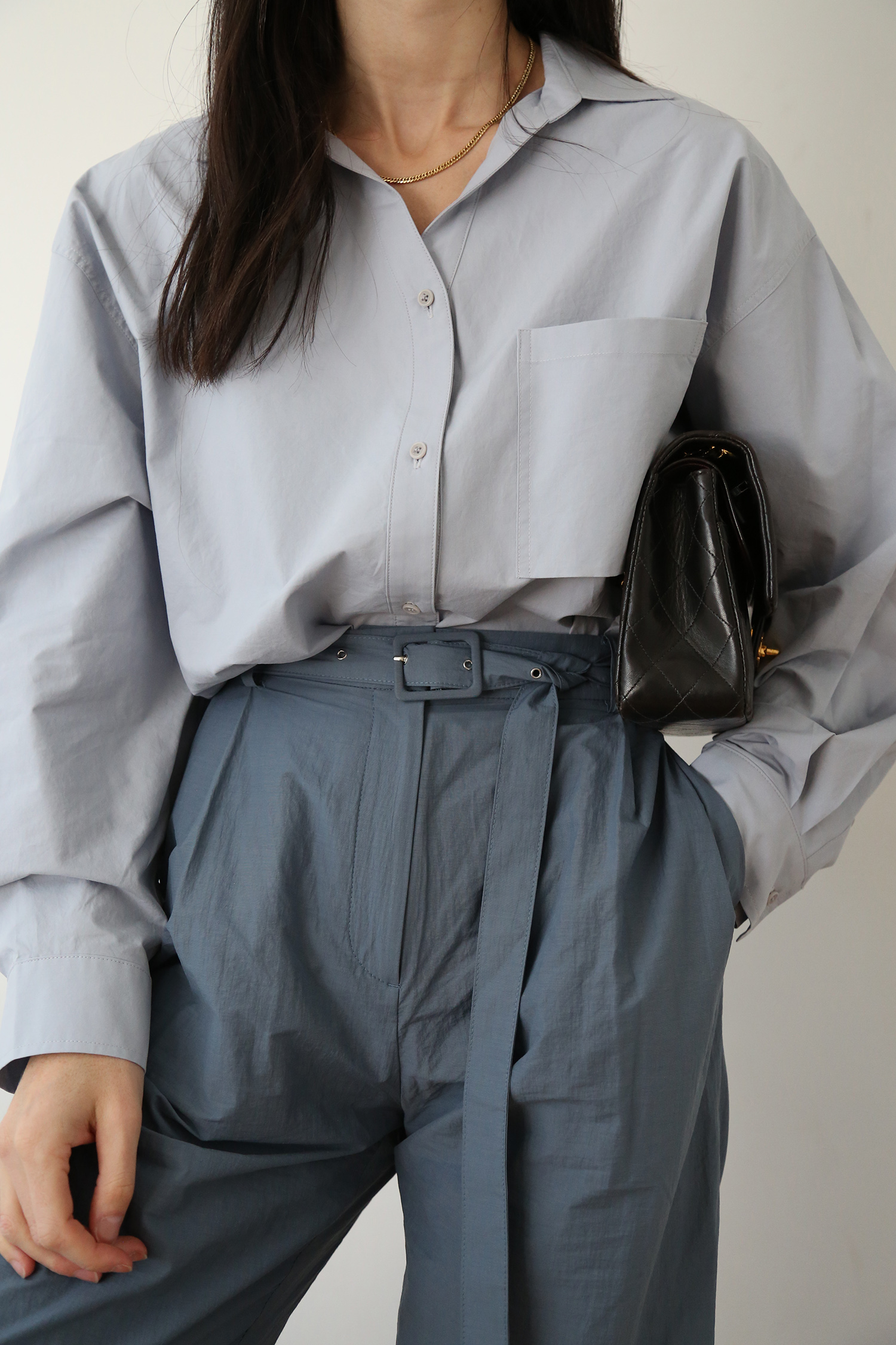 Moia box shirt with FRONTROW nylon pants tonal outfit
