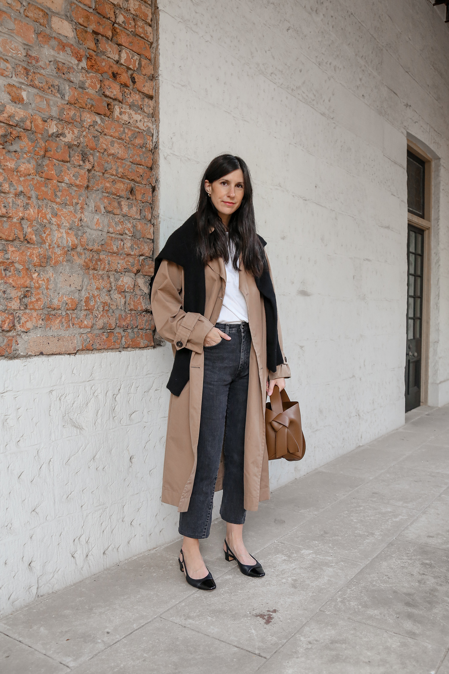 Minimal Parisian style outfit wearing Max Mara dimper trench coat