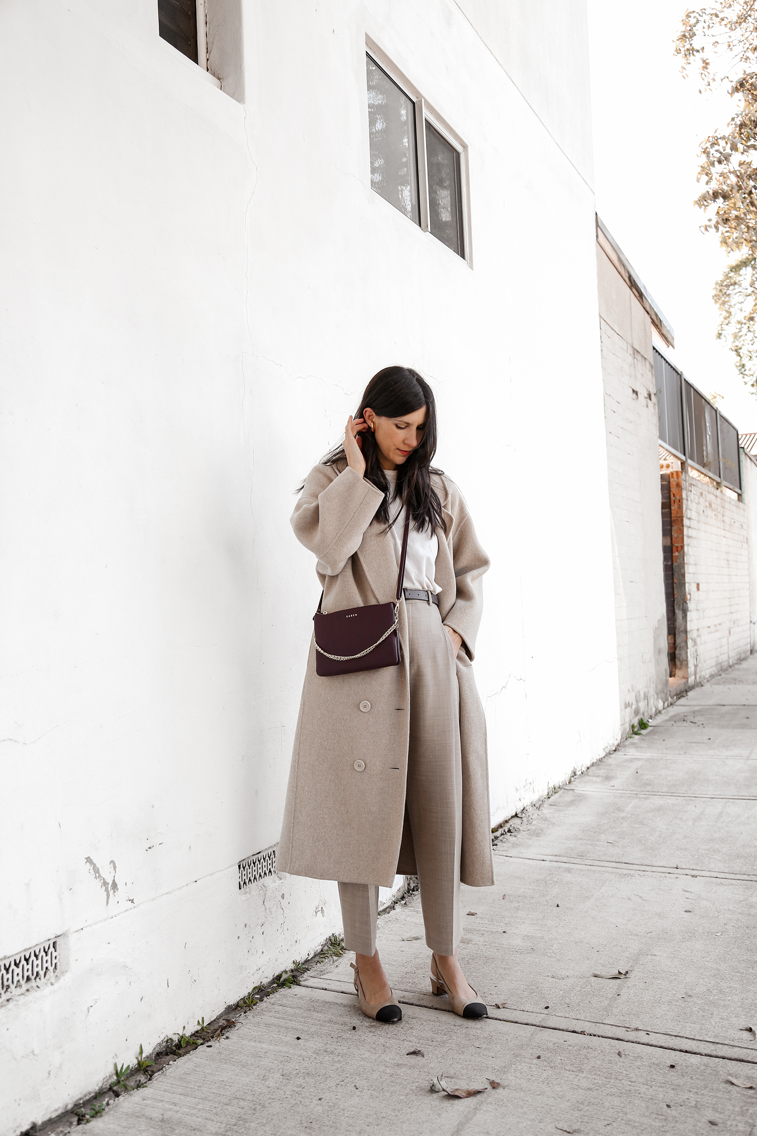 Neutral minimal style outfit with Mansur Gavriel coat