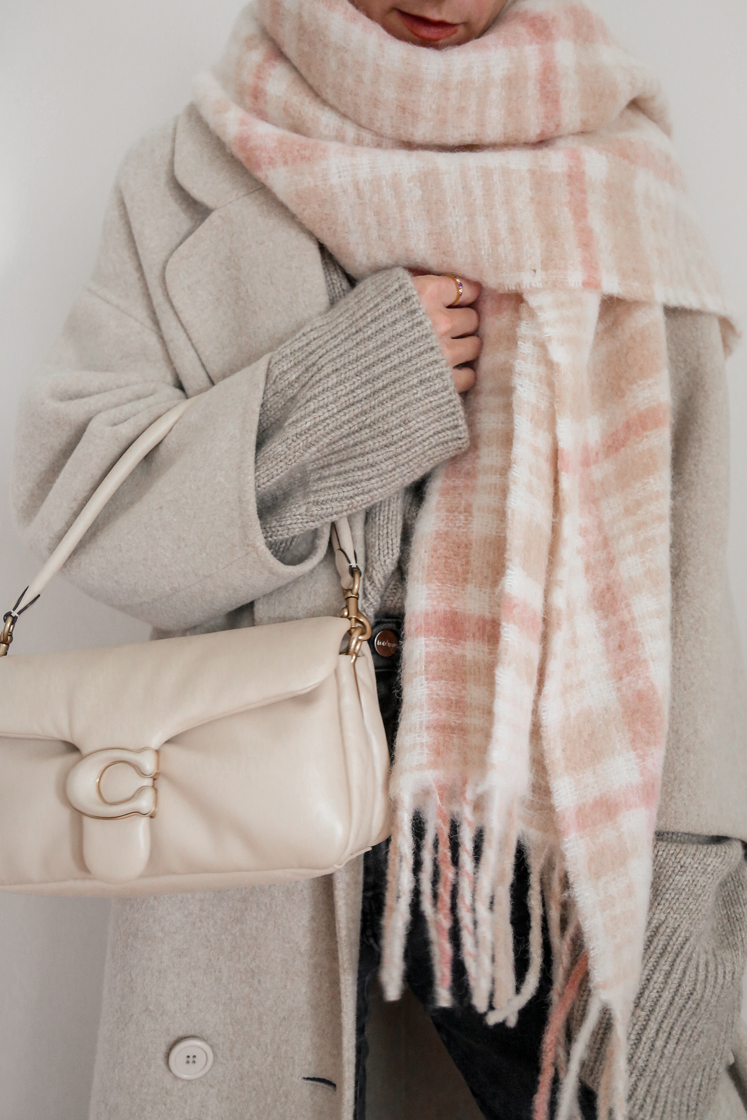 Sezane pink check Louise scarf with Coach pillow tabby bag