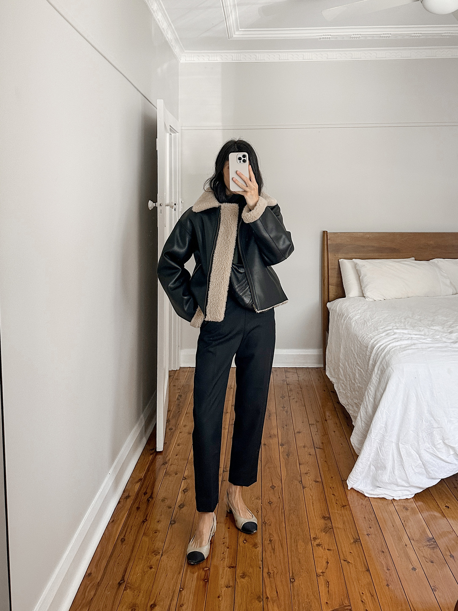 Wearing Everlane recashmere sweater with Facade Pattern Shearling jacket and Arket trousers