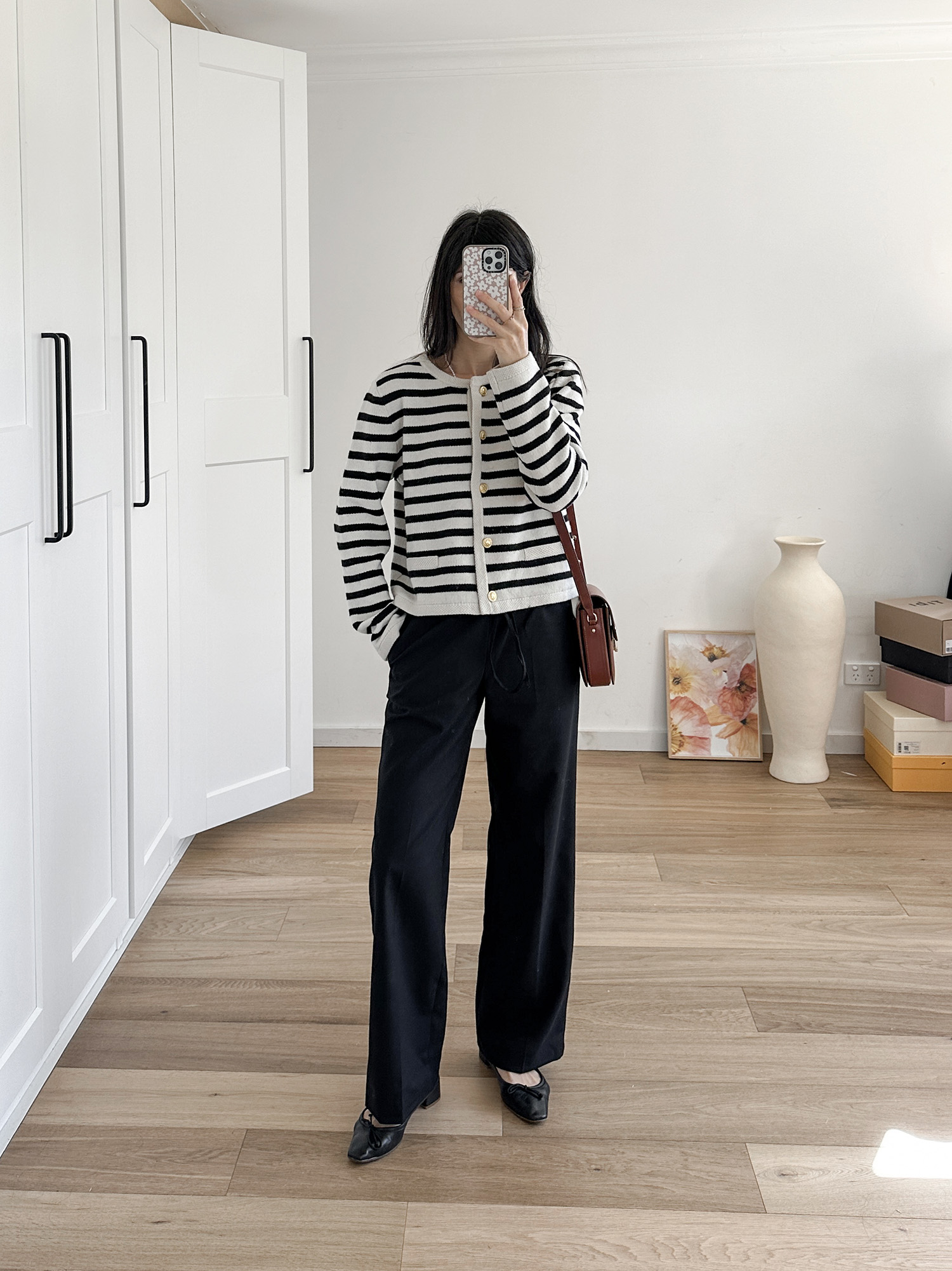 Celine stripe wool jacket dupe Arket wool trousers and Sezane milo classic bag