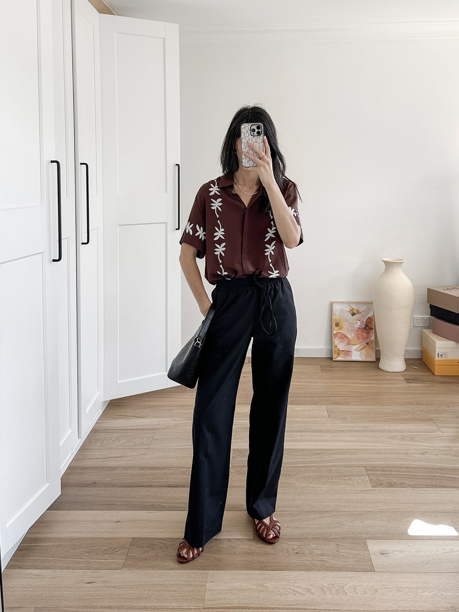Matteau short sleeve silk shirt with Sezane low Natacha sandals and Arket wool trousers resort wear outfit idea