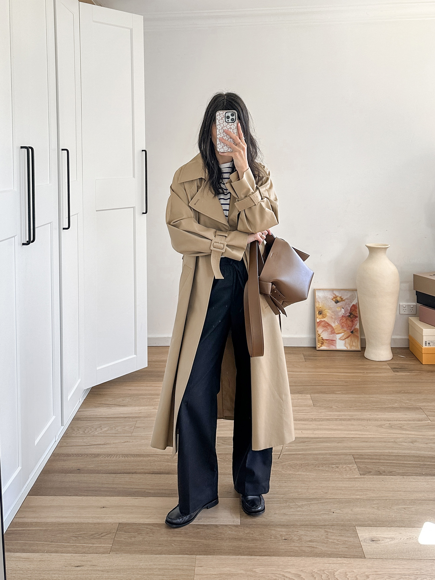 Everlane re cashmere sweater with Arket wool trousers and Lemaire croissant bag