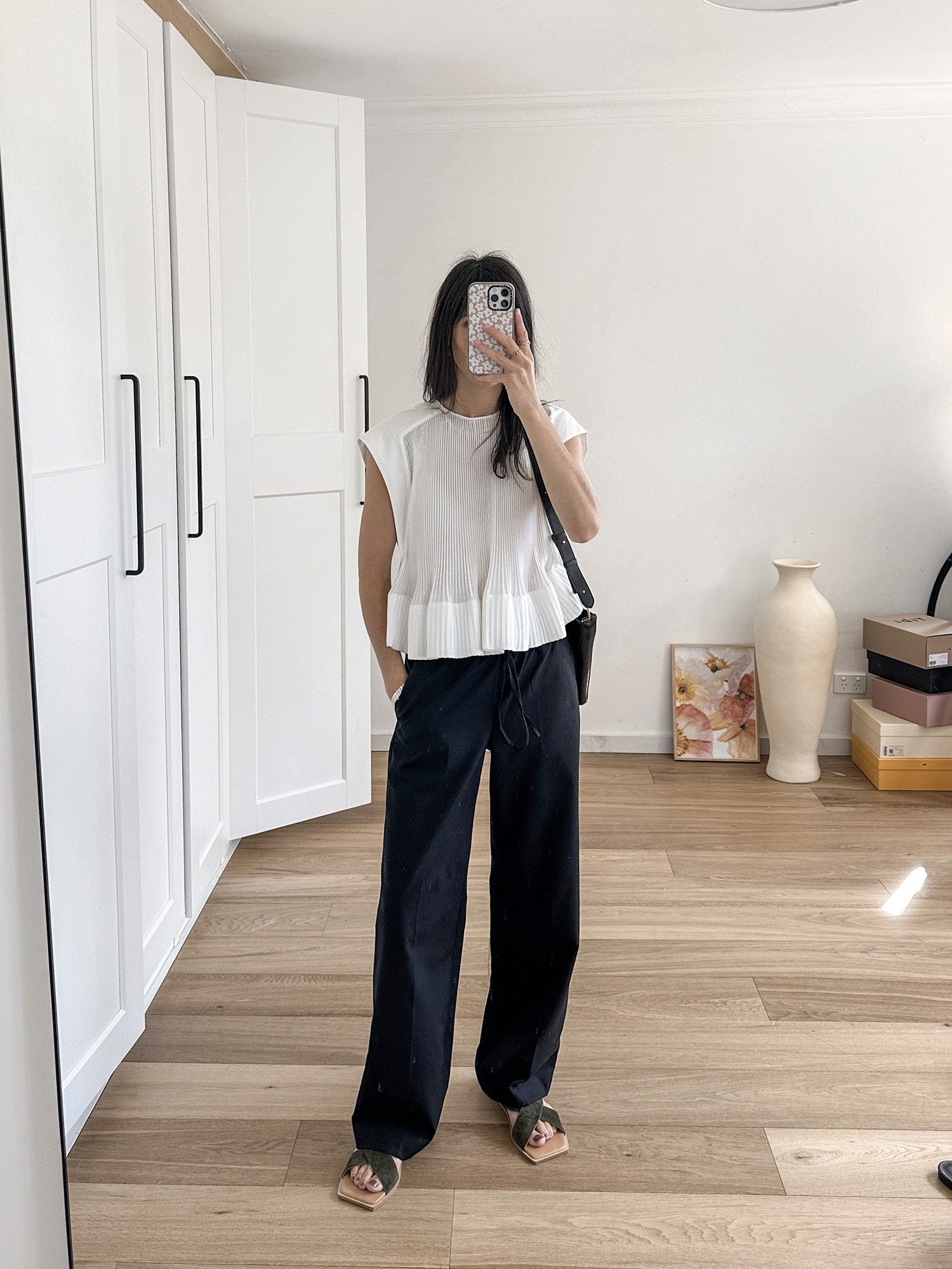 Tibi sleeveless pleated top with Arket wool trousers spring and summer style