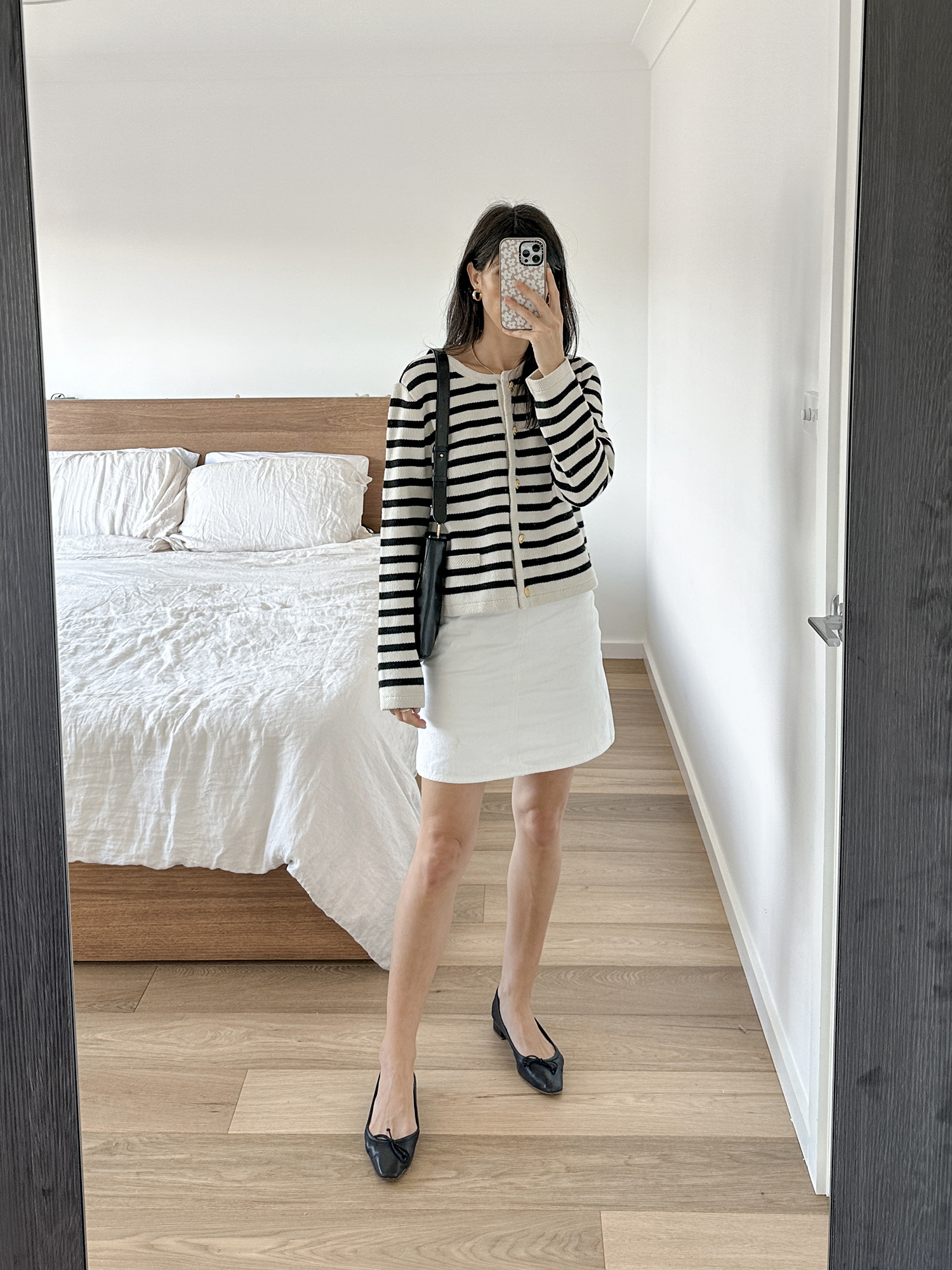 Goelia wool stripe jacket with Arket cotton twill skirt and Louevre bag