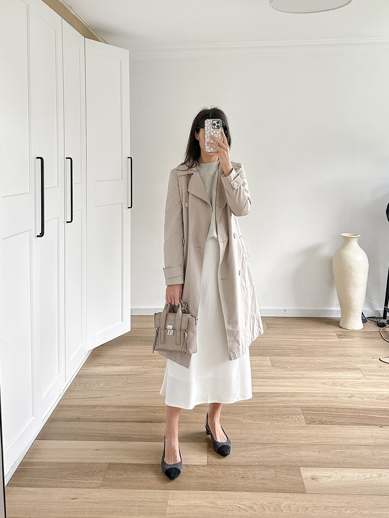 Wearing The Curated cashmere sweater with Marks and Spencer midi skirt and trench coat