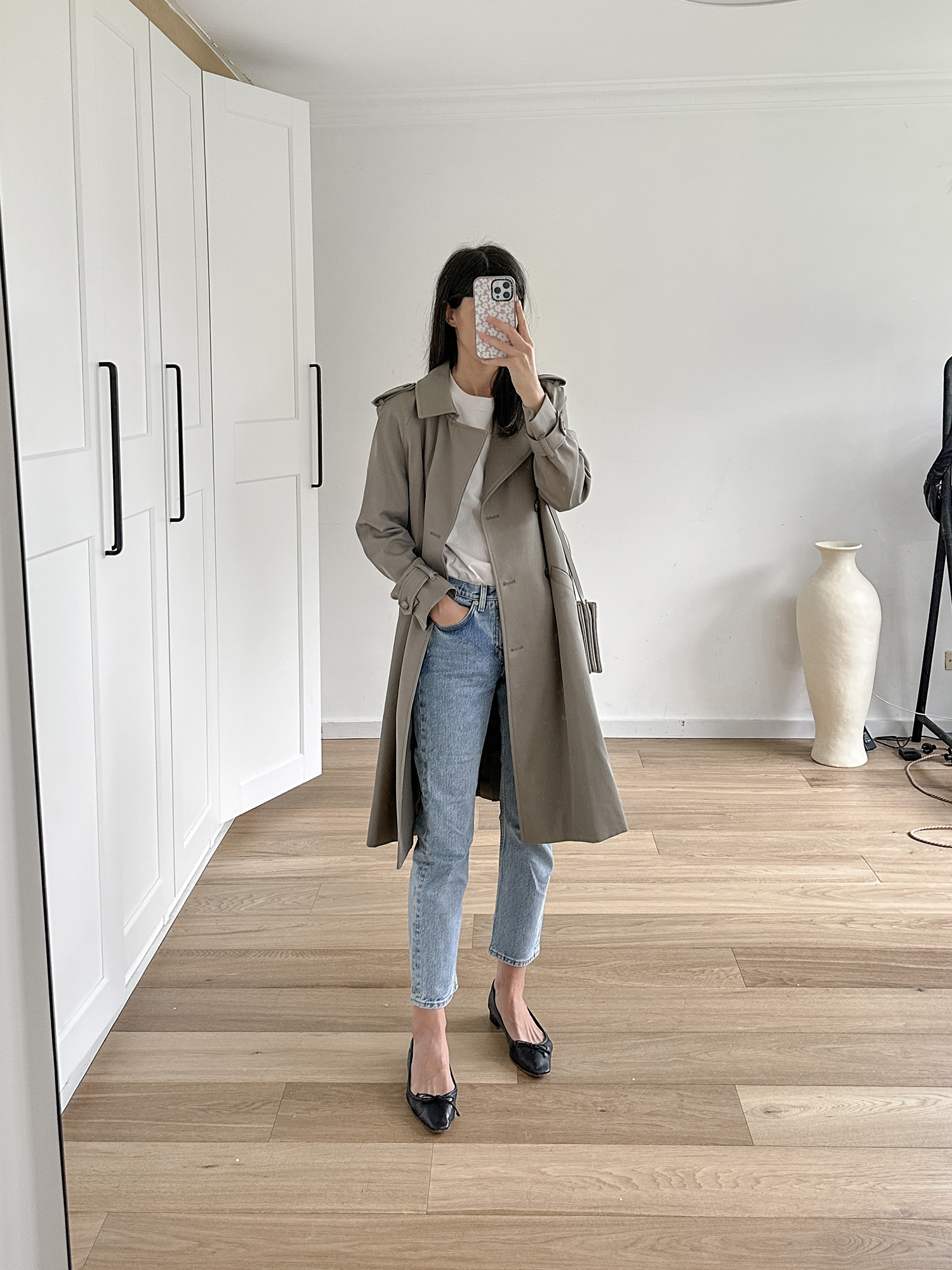 Wearing Arket jeans with Sezane Scott Trench Coat and old Celine trio