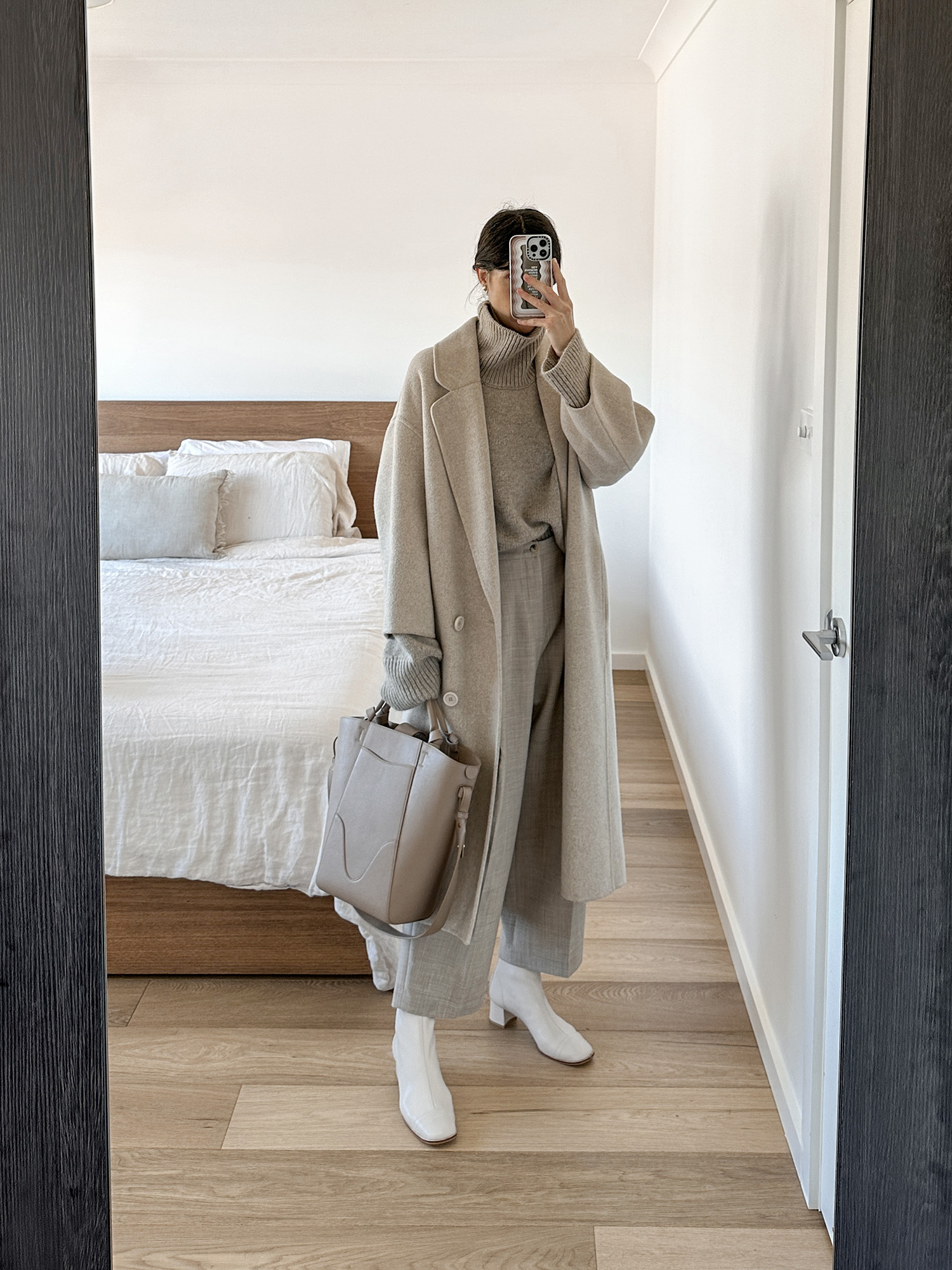Neutral outfit for the office wearing old Celine and Mansur Gavriel