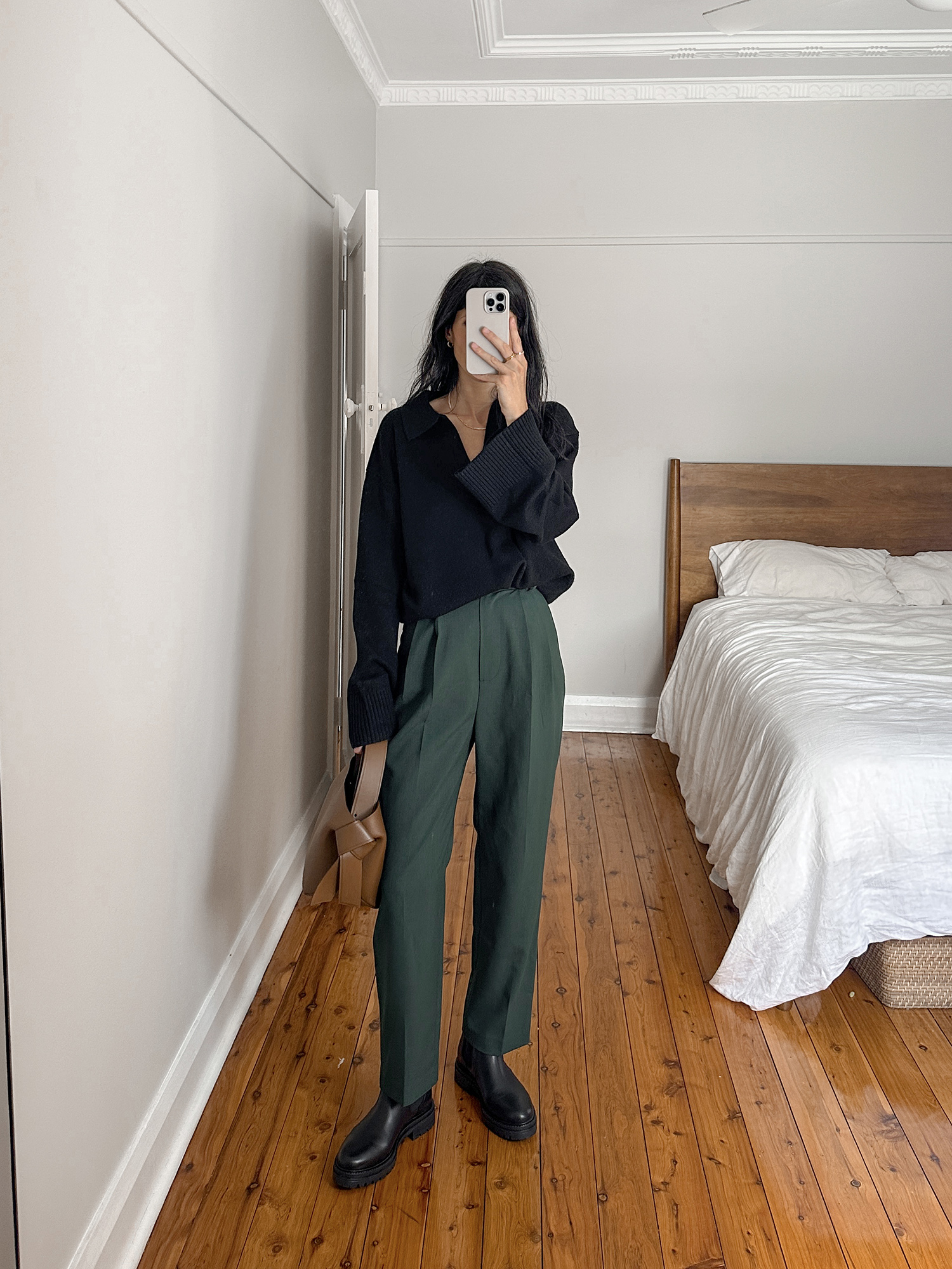 DISSH oversized sweater with The Frankie Shop bea trousers and Sezane Lena boots